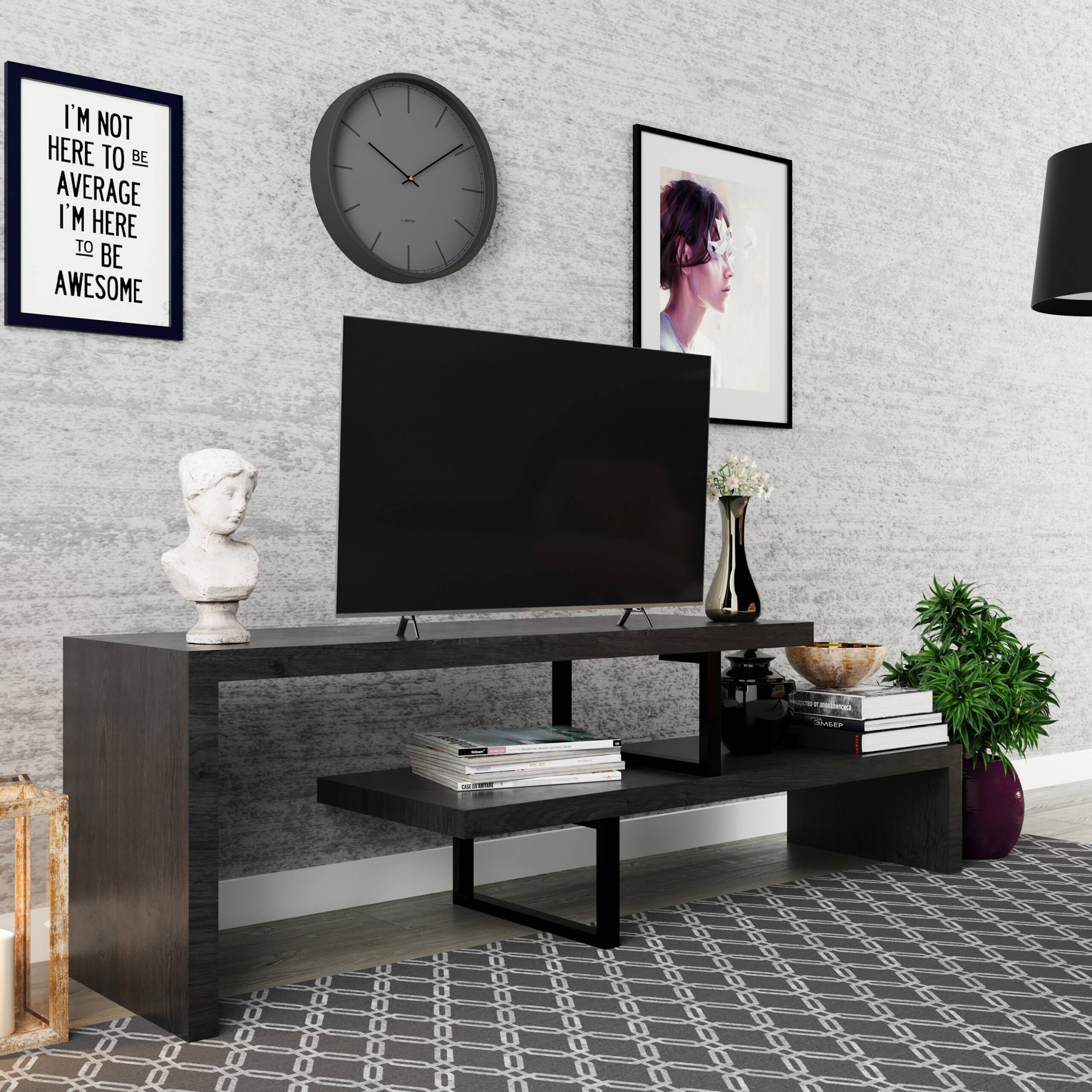 LeisureMod Orford Mid-Century Modern TV Stand with MDF Shelves and Powder Coated Iron Legs - Phantom Gray