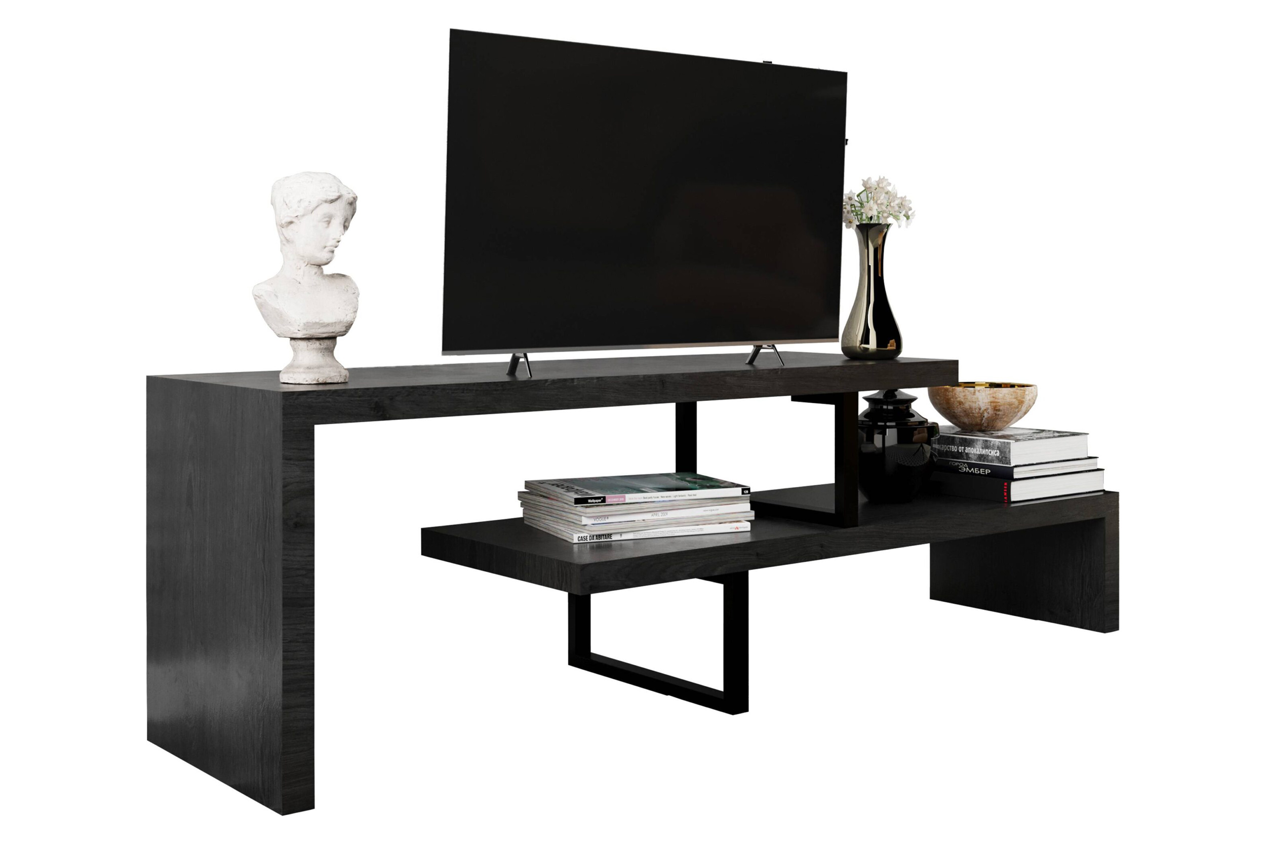 LeisureMod Orford Mid-Century Modern TV Stand with MDF Shelves and Powder Coated Iron Legs - Phantom Gray