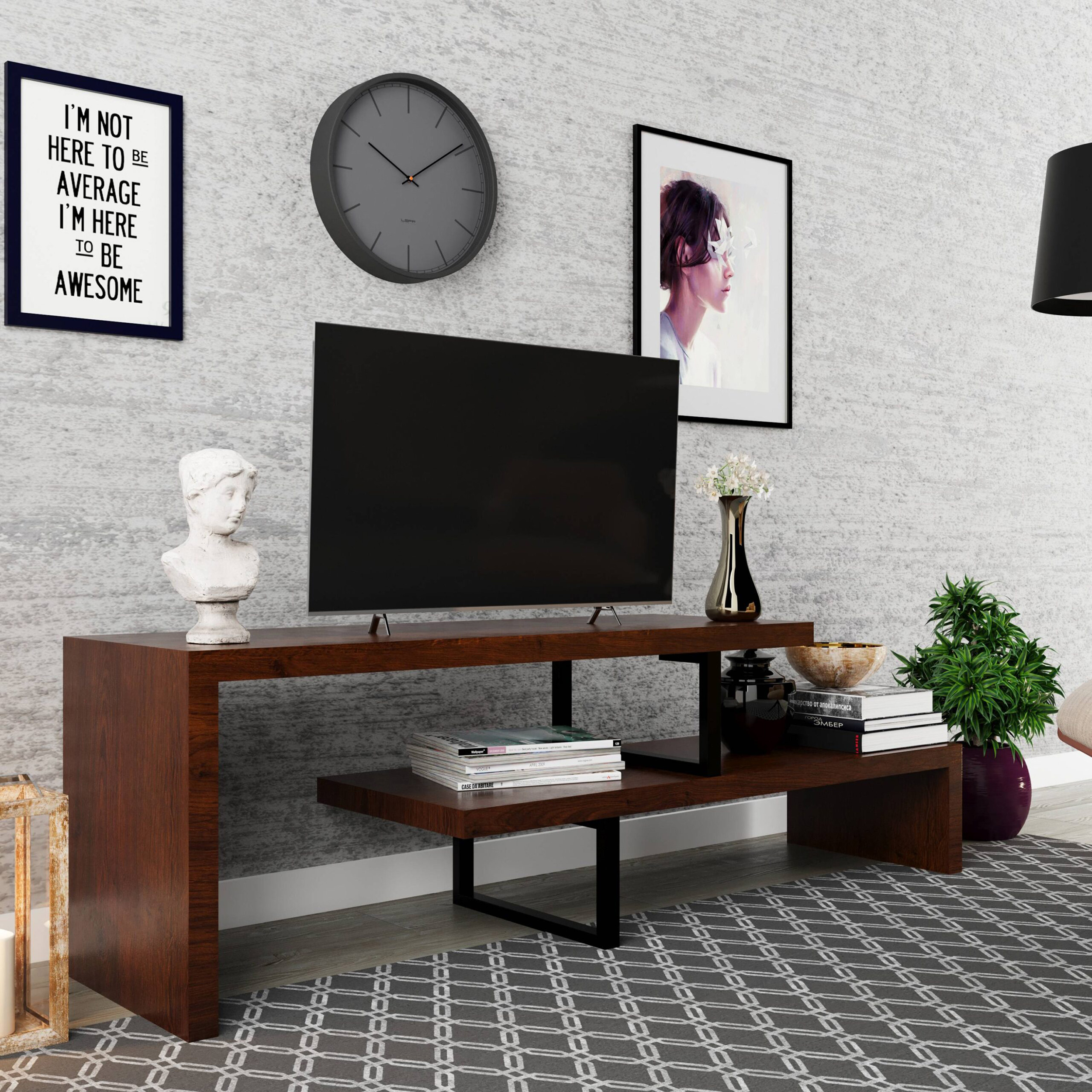 LeisureMod Orford Mid-Century Modern TV Stand with MDF Shelves and Powder Coated Iron Legs - Walnut