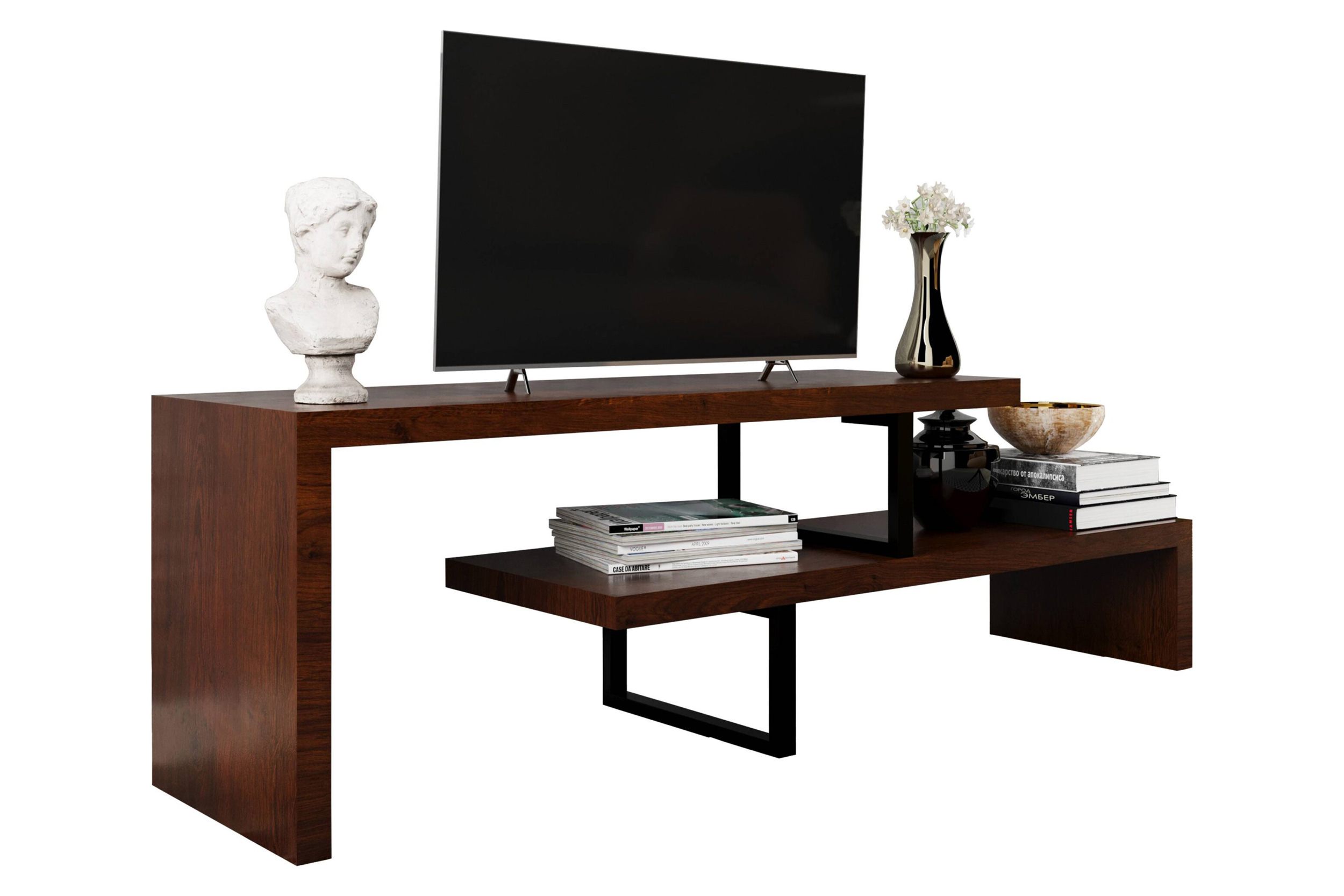 LeisureMod Orford Mid-Century Modern TV Stand with MDF Shelves and Powder Coated Iron Legs - Walnut