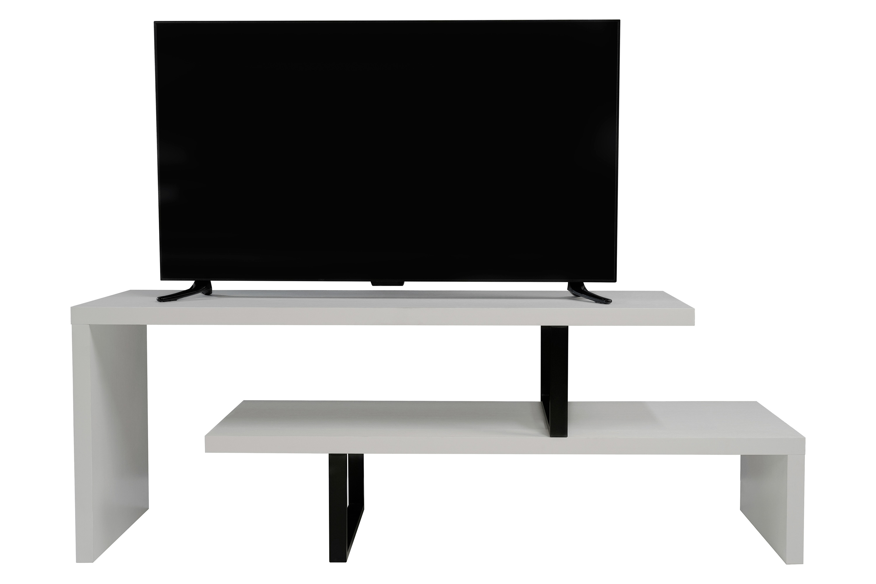 LeisureMod Orford Mid-Century Modern TV Stand with MDF Shelves and Powder Coated Iron Legs - White