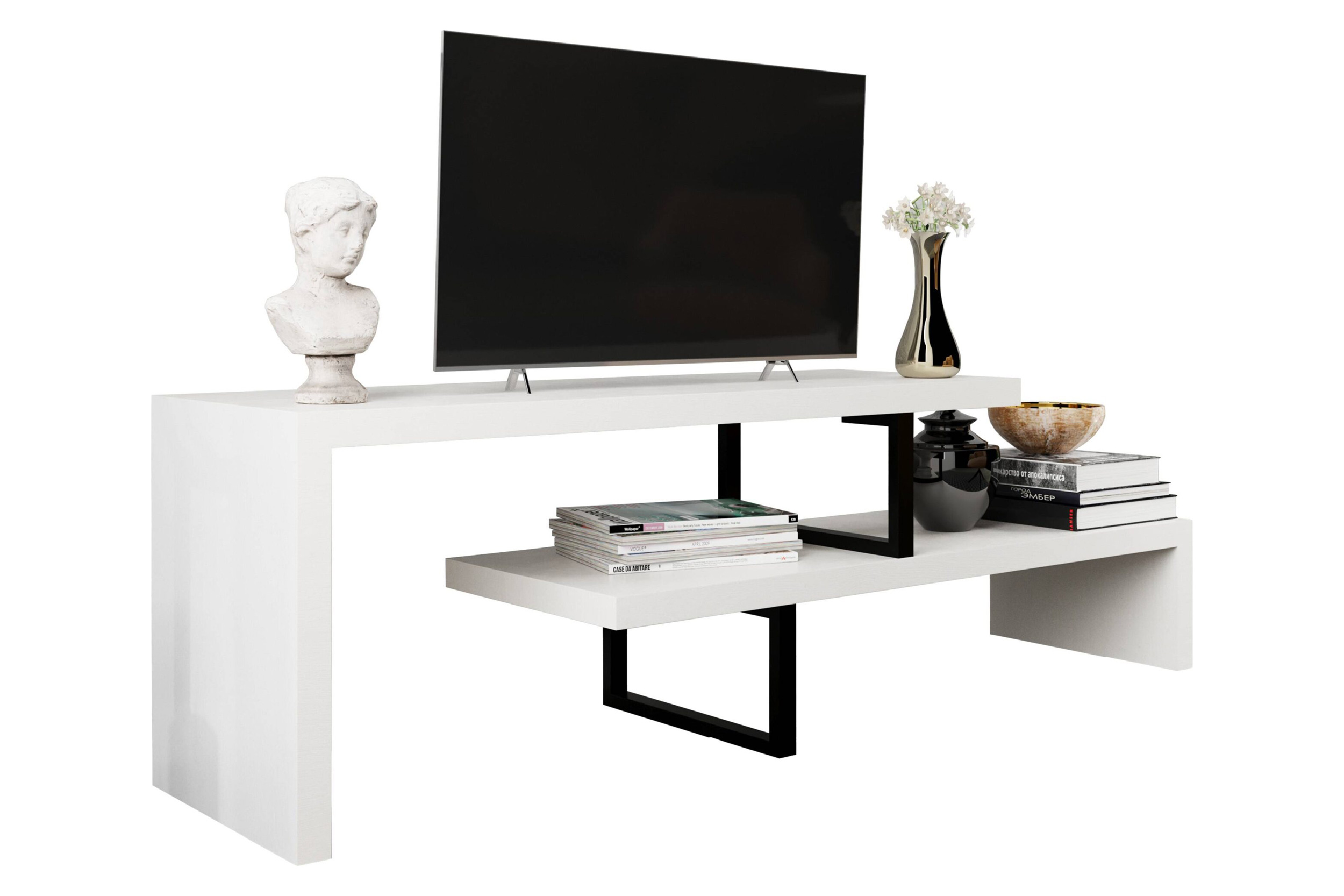 LeisureMod Orford Mid-Century Modern TV Stand with MDF Shelves and Powder Coated Iron Legs - White