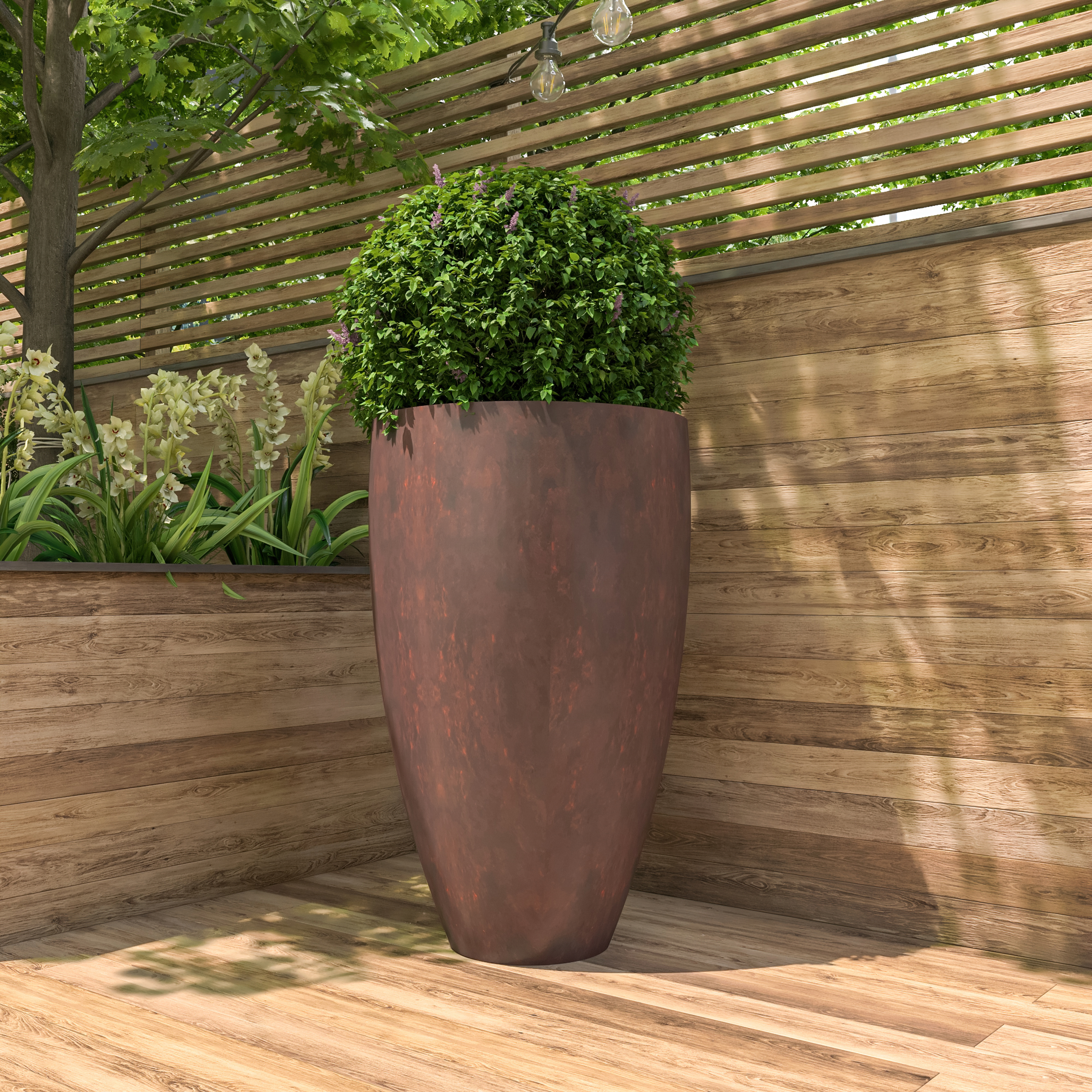 LeisureMod Petal Modern Tapered Round Planter in Fiberstone and Clay - Brown