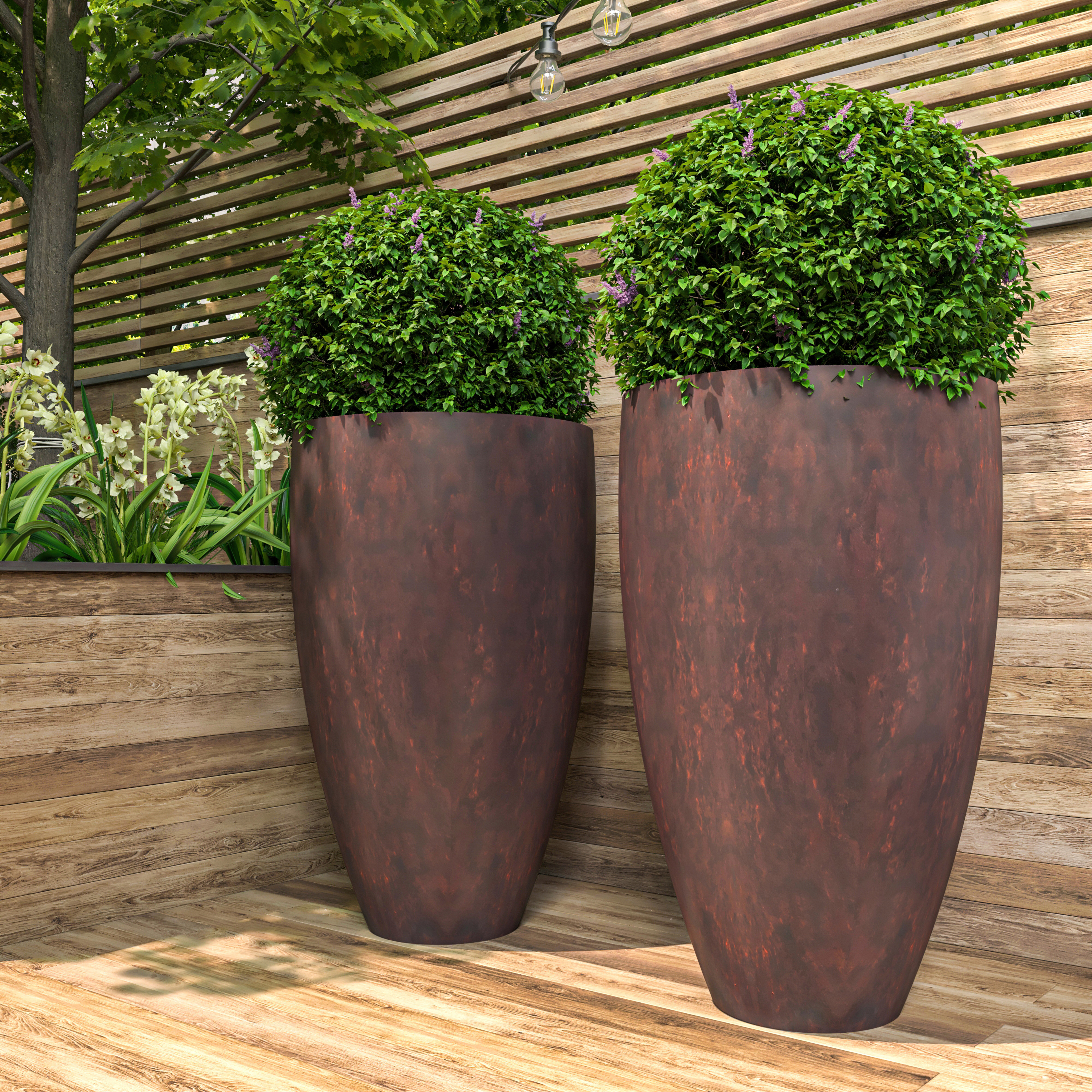 LeisureMod Petal Modern Tapered Round Planter in Fiberstone and Clay - Brown