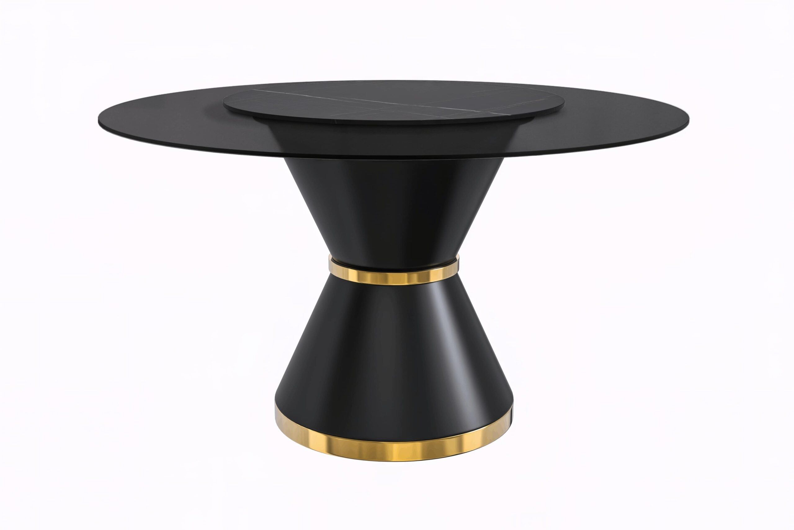 LeisureMod Qorvus Mid-Century Modern Round Dining Table with 60" Glass/Stone Top and Black/Gold Pedestal Base