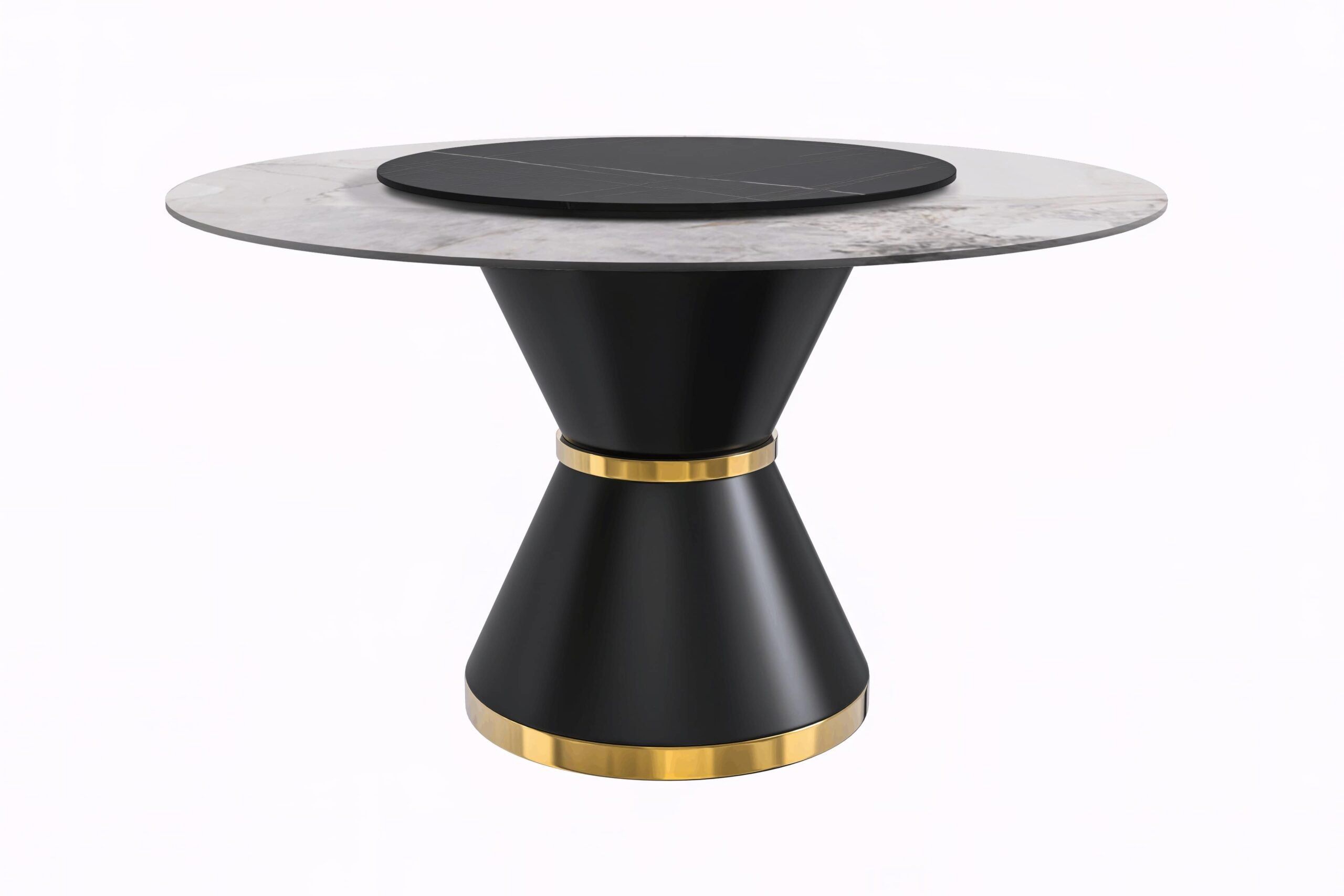 LeisureMod Qorvus Mid-Century Modern Round Dining Table with 60" Glass/Stone Top and Black/Gold Pedestal Base