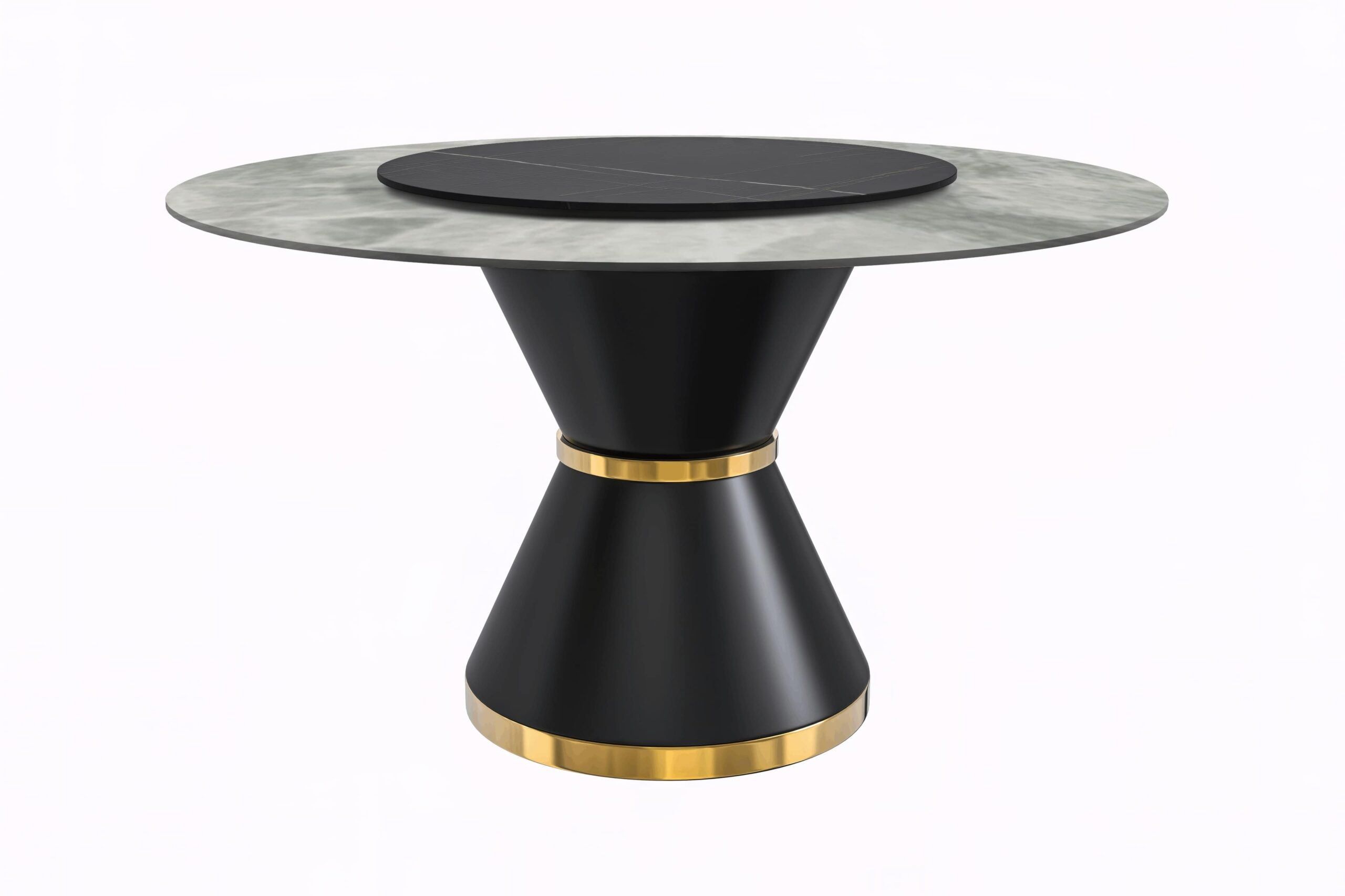 LeisureMod Qorvus Mid-Century Modern Round Dining Table with 60" Glass/Stone Top and Black/Gold Pedestal Base