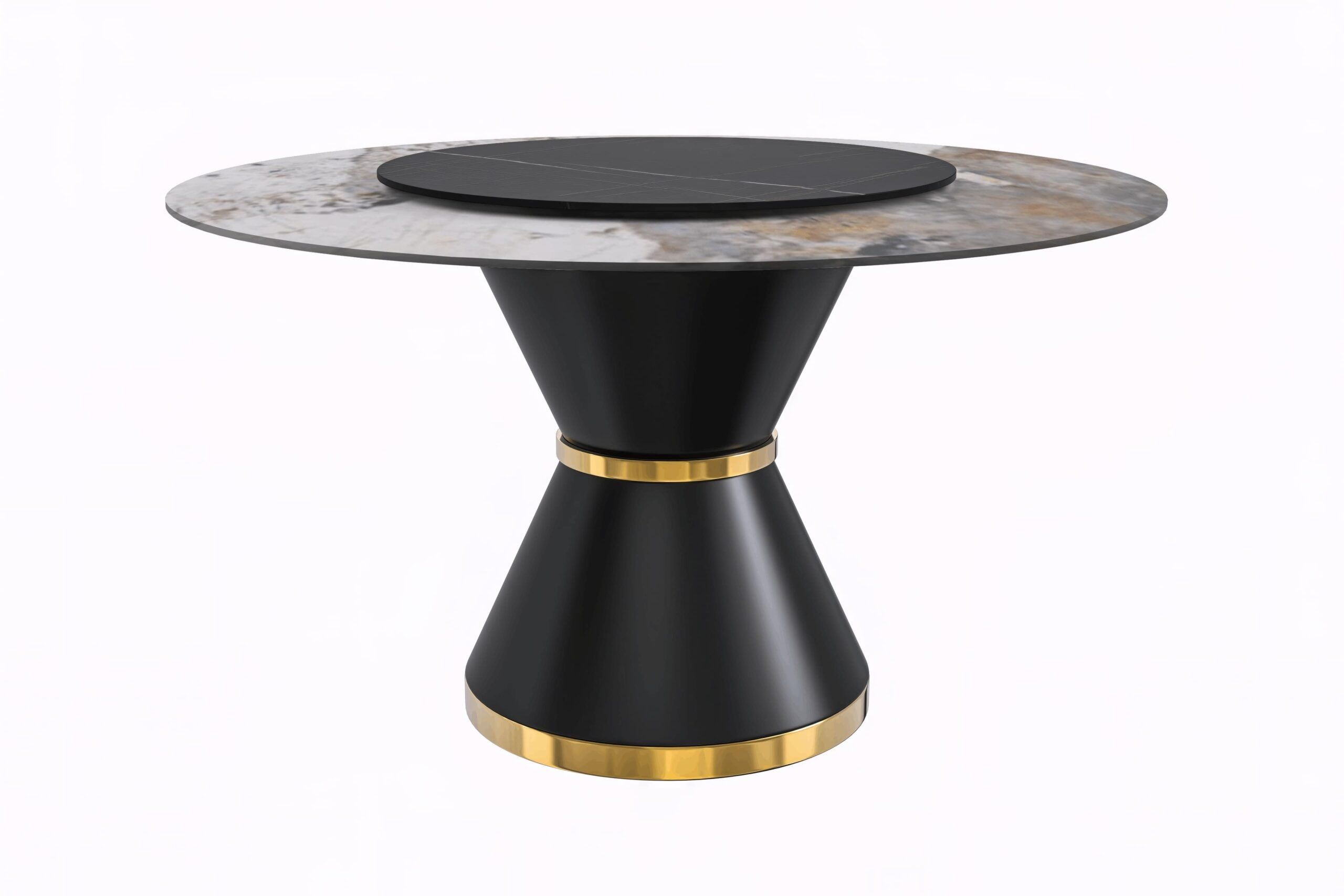 LeisureMod Qorvus Mid-Century Modern Round Dining Table with 60" Glass/Stone Top and Black/Gold Pedestal Base