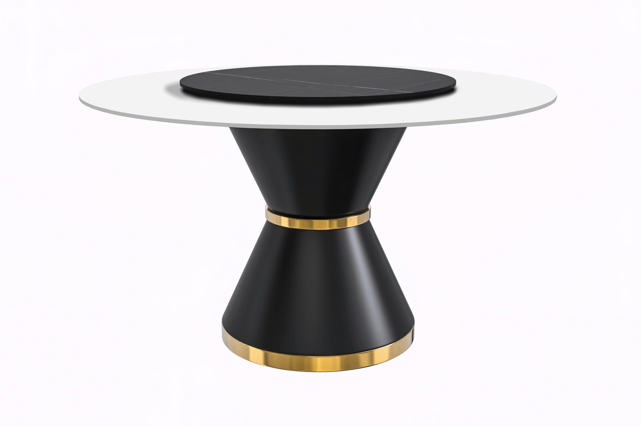 LeisureMod Qorvus Mid-Century Modern Round Dining Table with 60" Glass/Stone Top and Black/Gold Pedestal Base