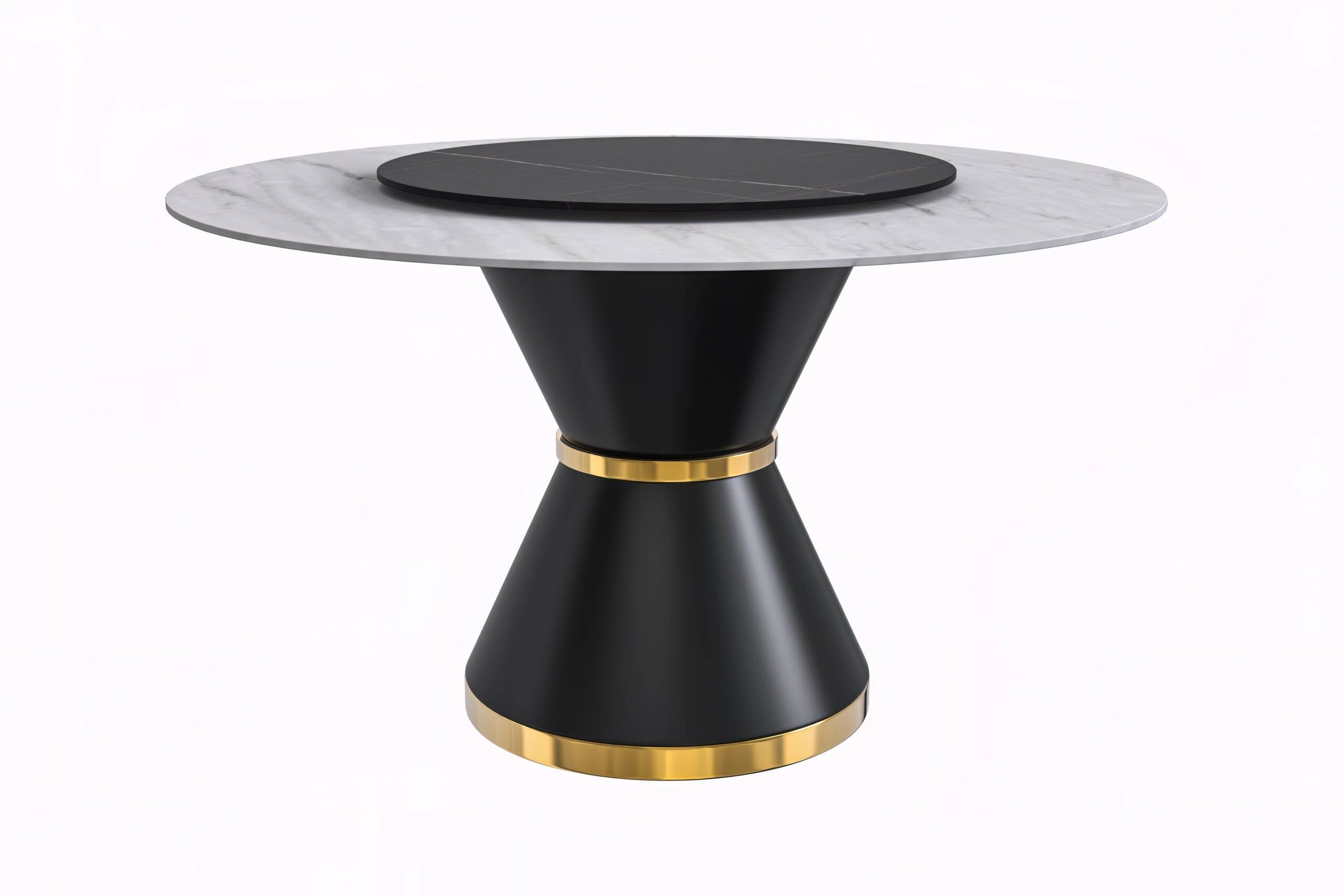 LeisureMod Qorvus Mid-Century Modern Round Dining Table with 60" Glass/Stone Top and Black/Gold Pedestal Base