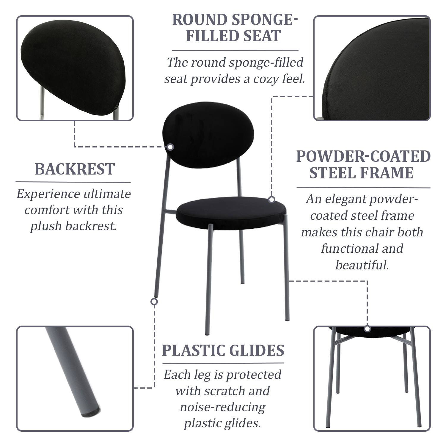 LeisureMod Euston Modern Velvet Dining Chair With Gray Steel Frame - Black