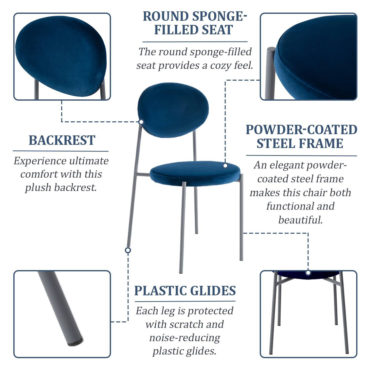 LeisureMod Euston Modern Velvet Dining Chair With Gray Steel Frame - Navy Blue