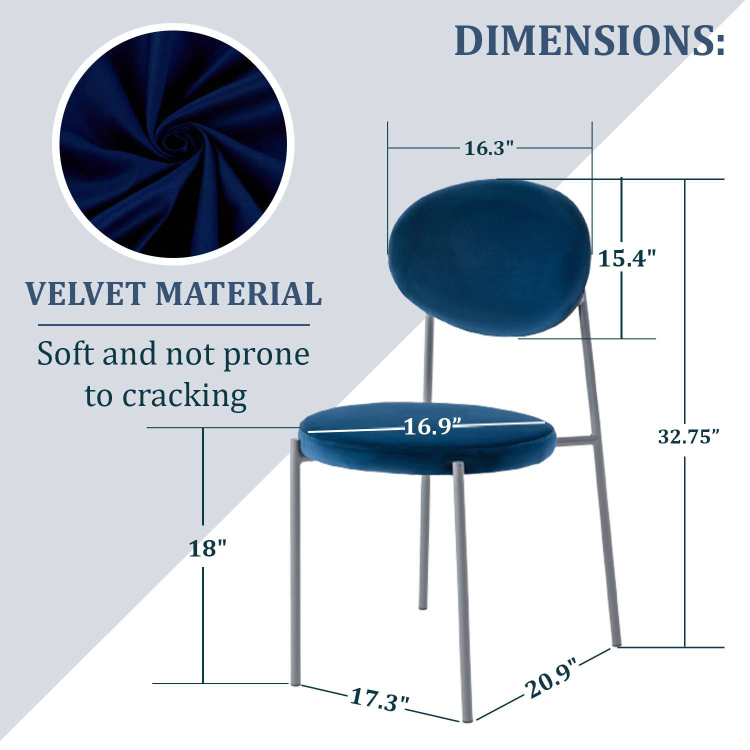 LeisureMod Euston Modern Velvet Dining Chair With Gray Steel Frame - Navy Blue