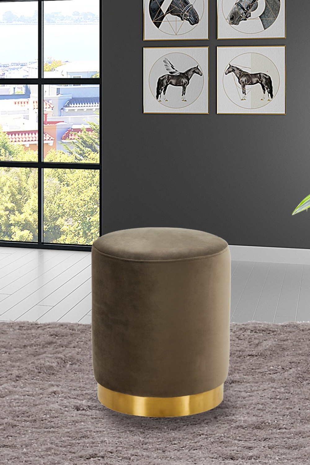 LeisureMod™ Remmey 16" Round Velvet Ottoman with Gold Base - Dark Gray