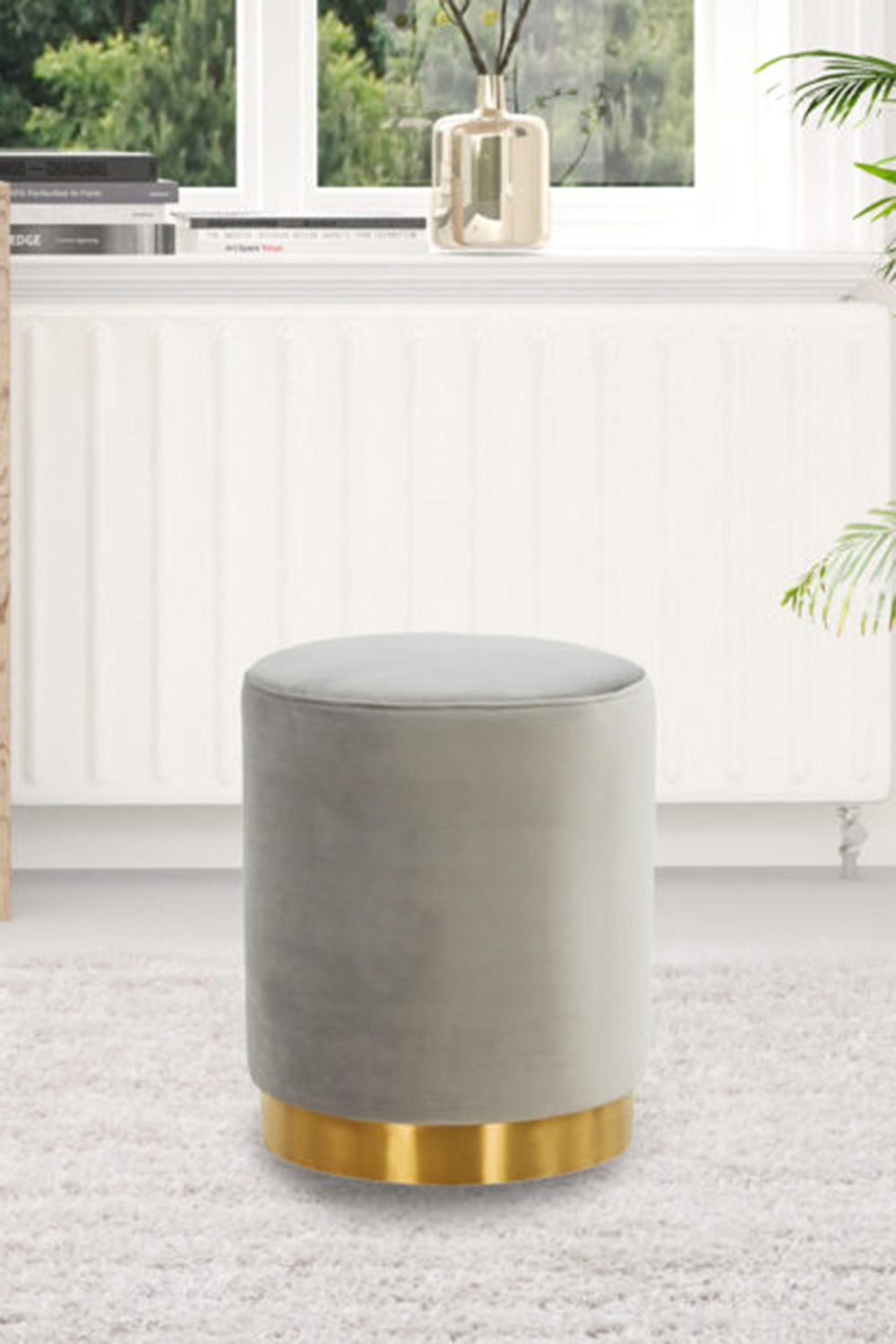 LeisureMod Remmey 16" Round Velvet Ottoman with Gold Base - Light Gray