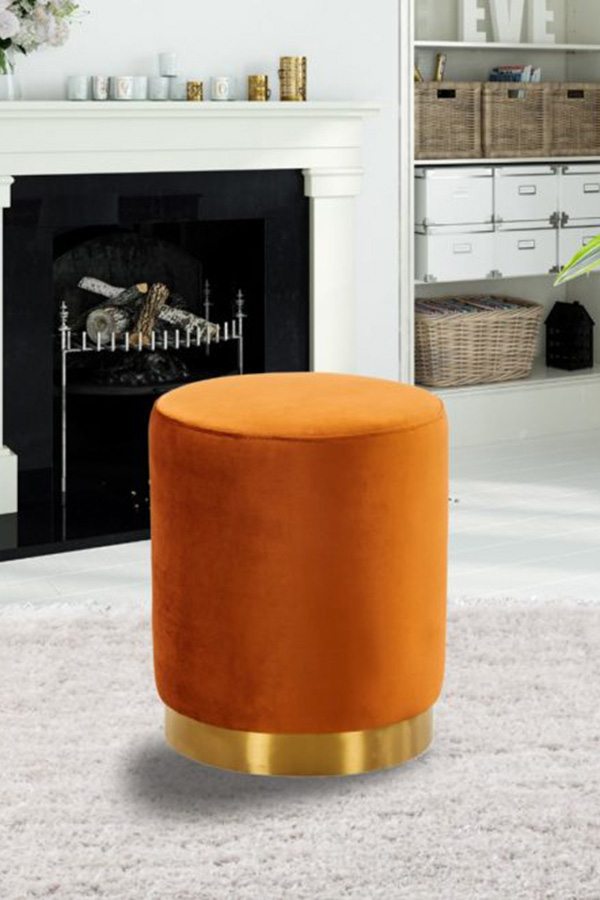 LeisureMod Remmey 16" Round Velvet Ottoman with Gold Base - Orange/Marmalade