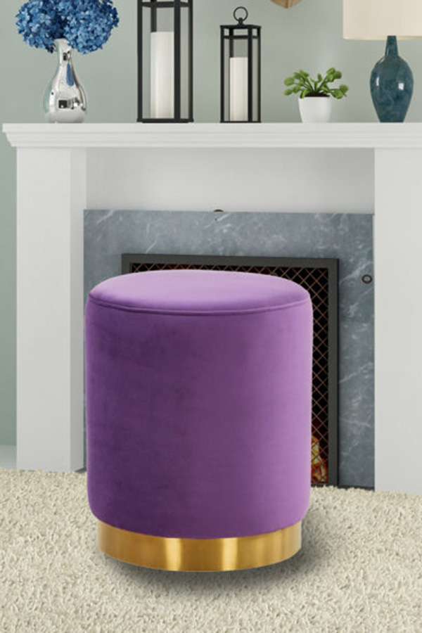 LeisureMod™ Remmey 16" Round Velvet Ottoman with Gold Base - Purple