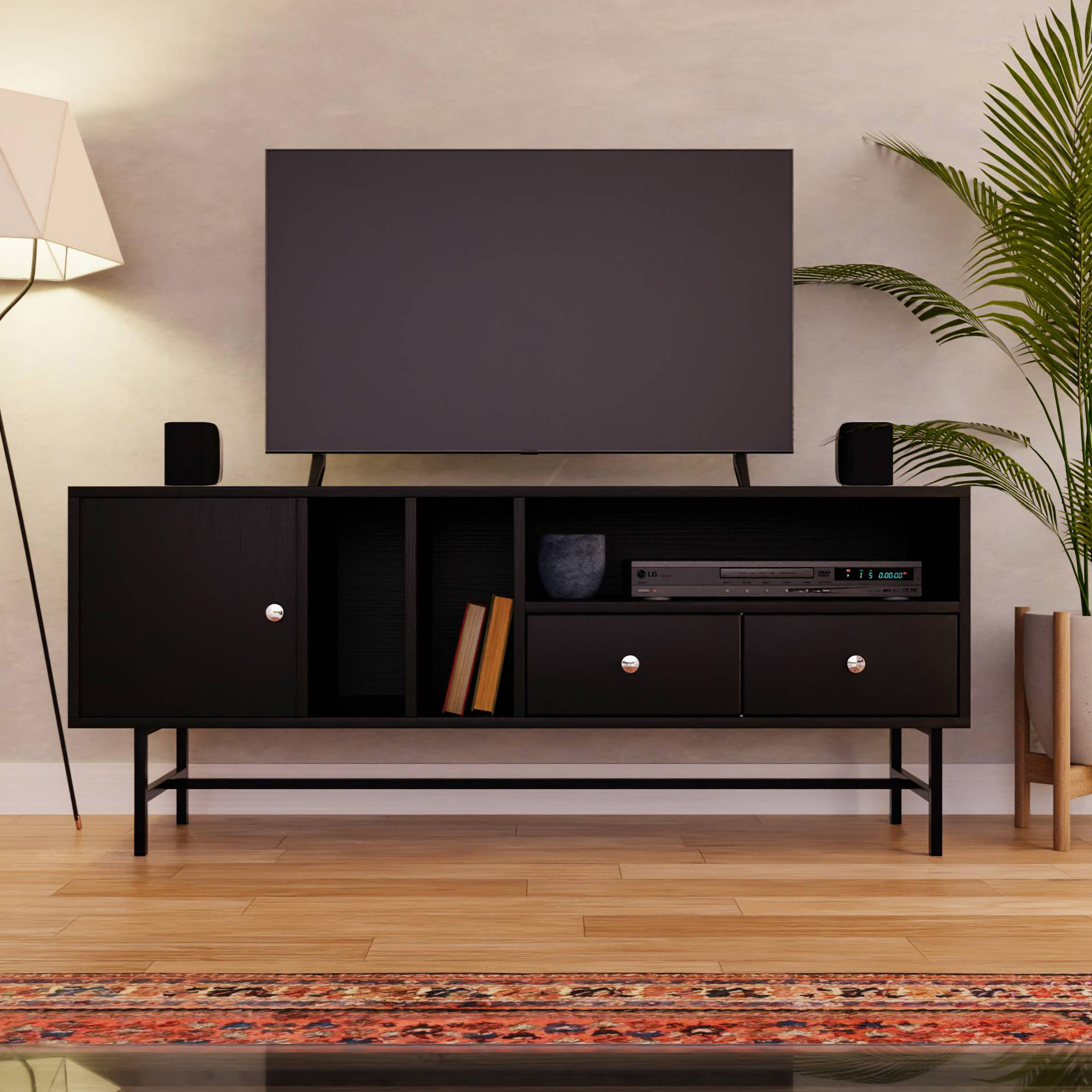 LeisureMod Rochester Modern Rectangular TV Stand with Enclosed Storage - Ebony