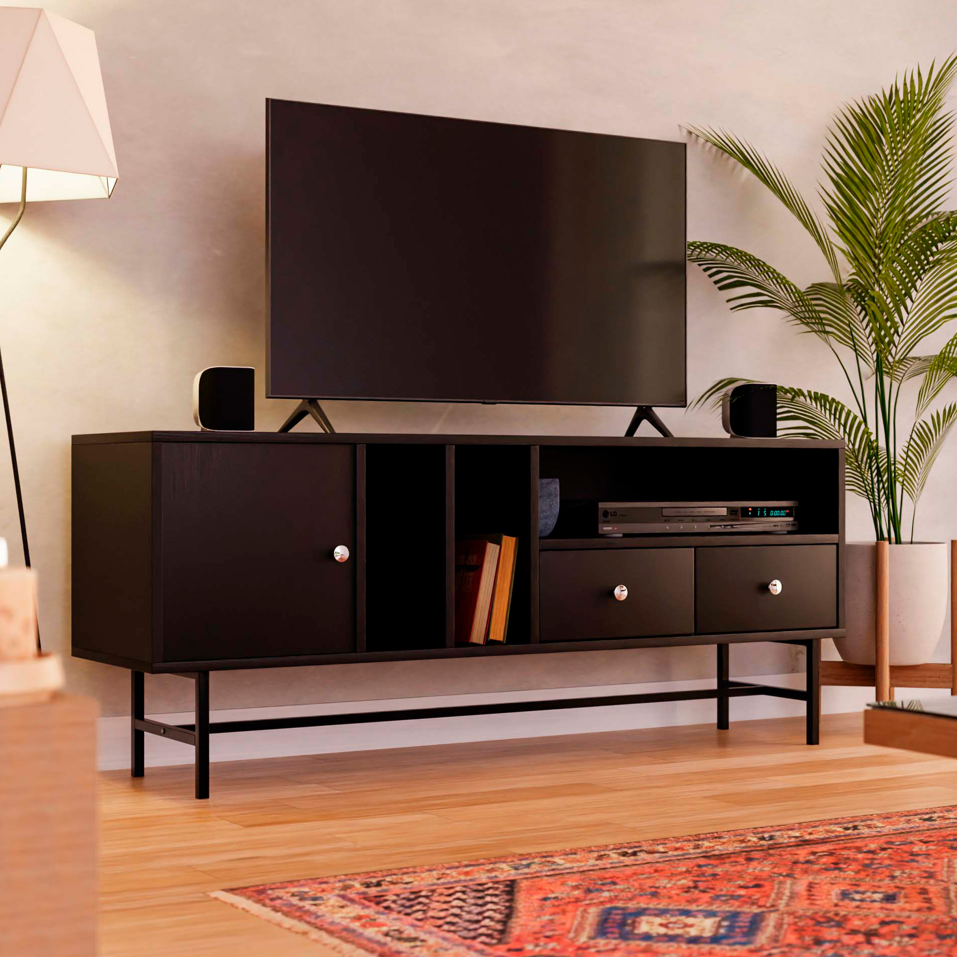 LeisureMod Rochester Modern Rectangular TV Stand with Enclosed Storage - Ebony