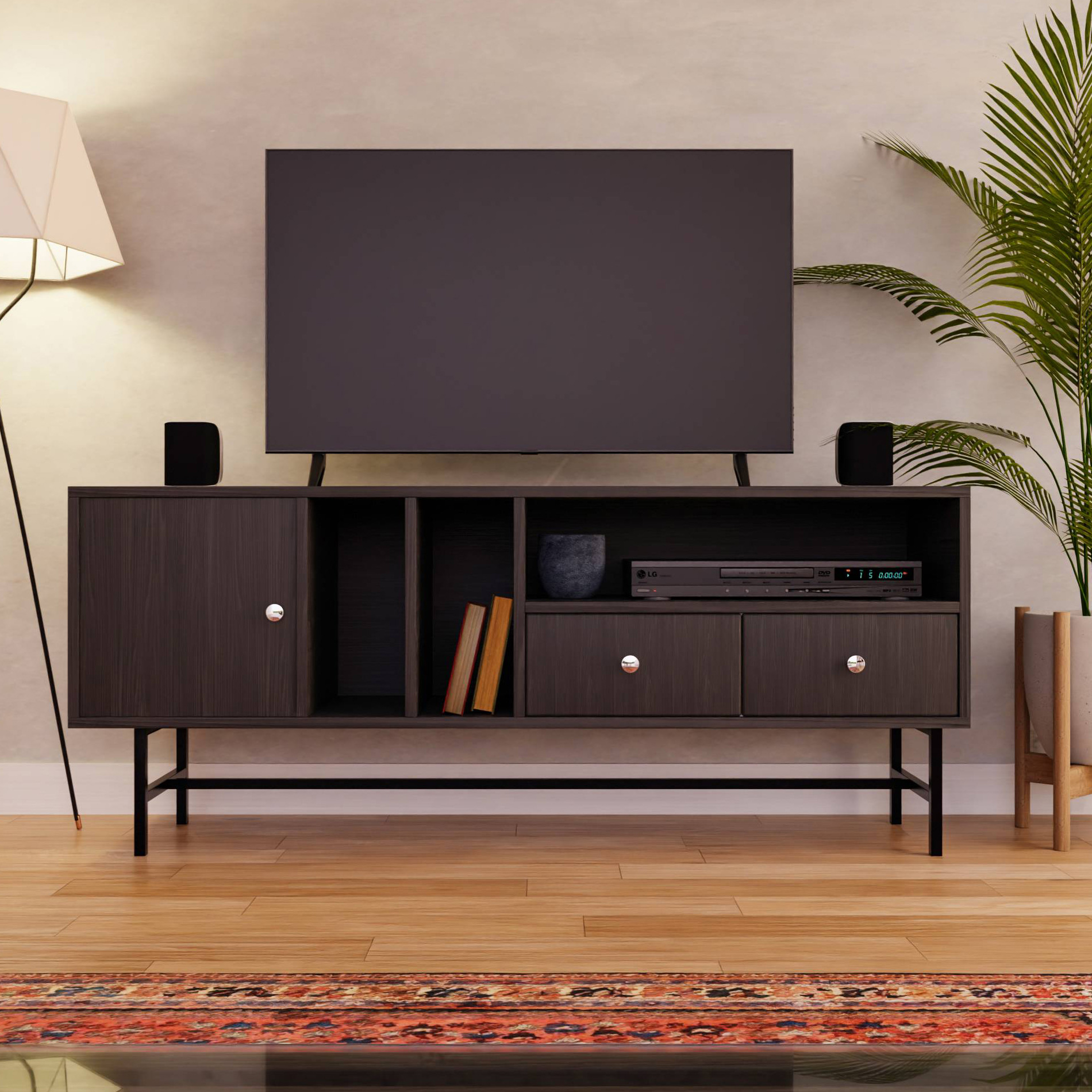 LeisureMod Rochester Modern Rectangular TV Stand with Enclosed Storage - Phantom Gray