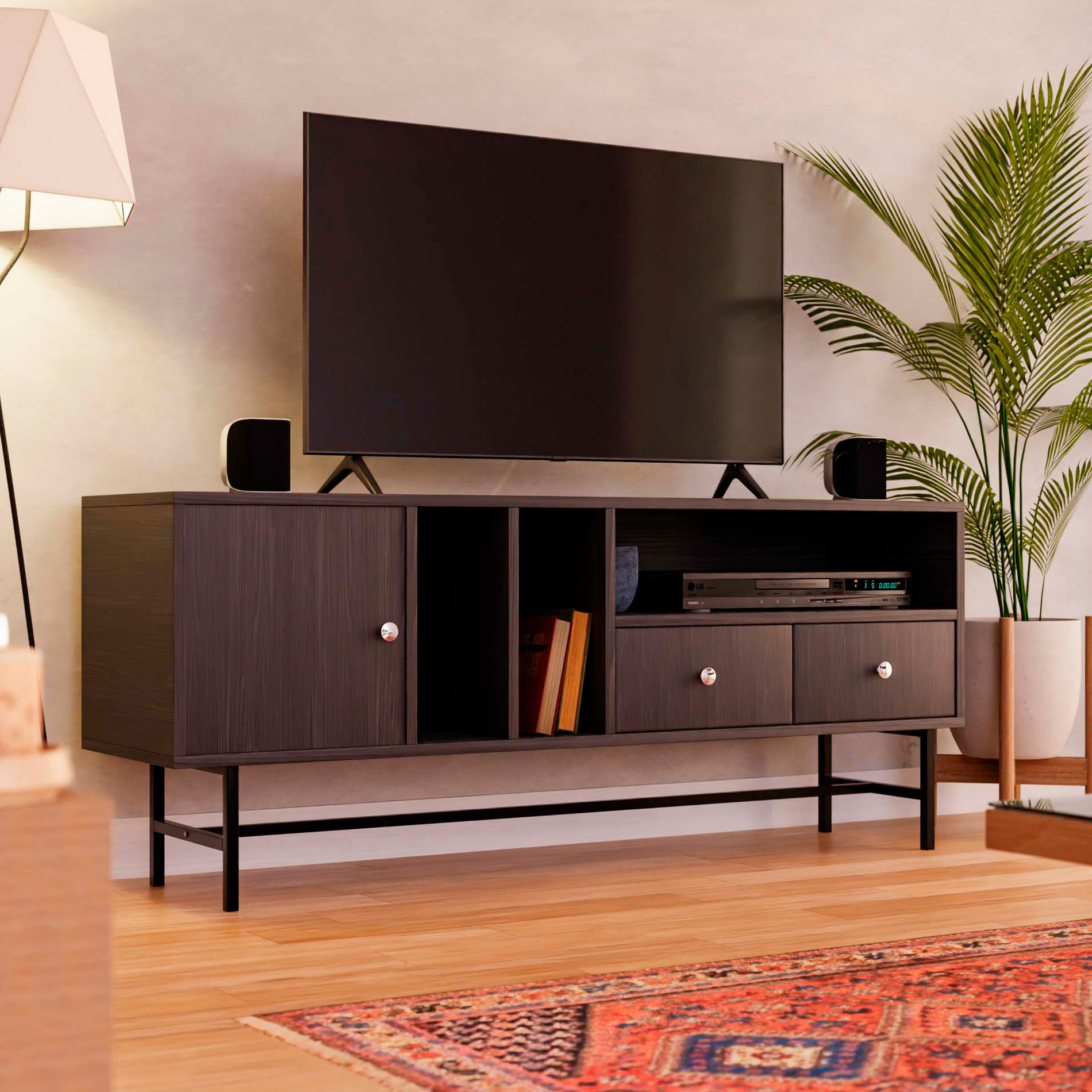 LeisureMod Rochester Modern Rectangular TV Stand with Enclosed Storage - Phantom Gray