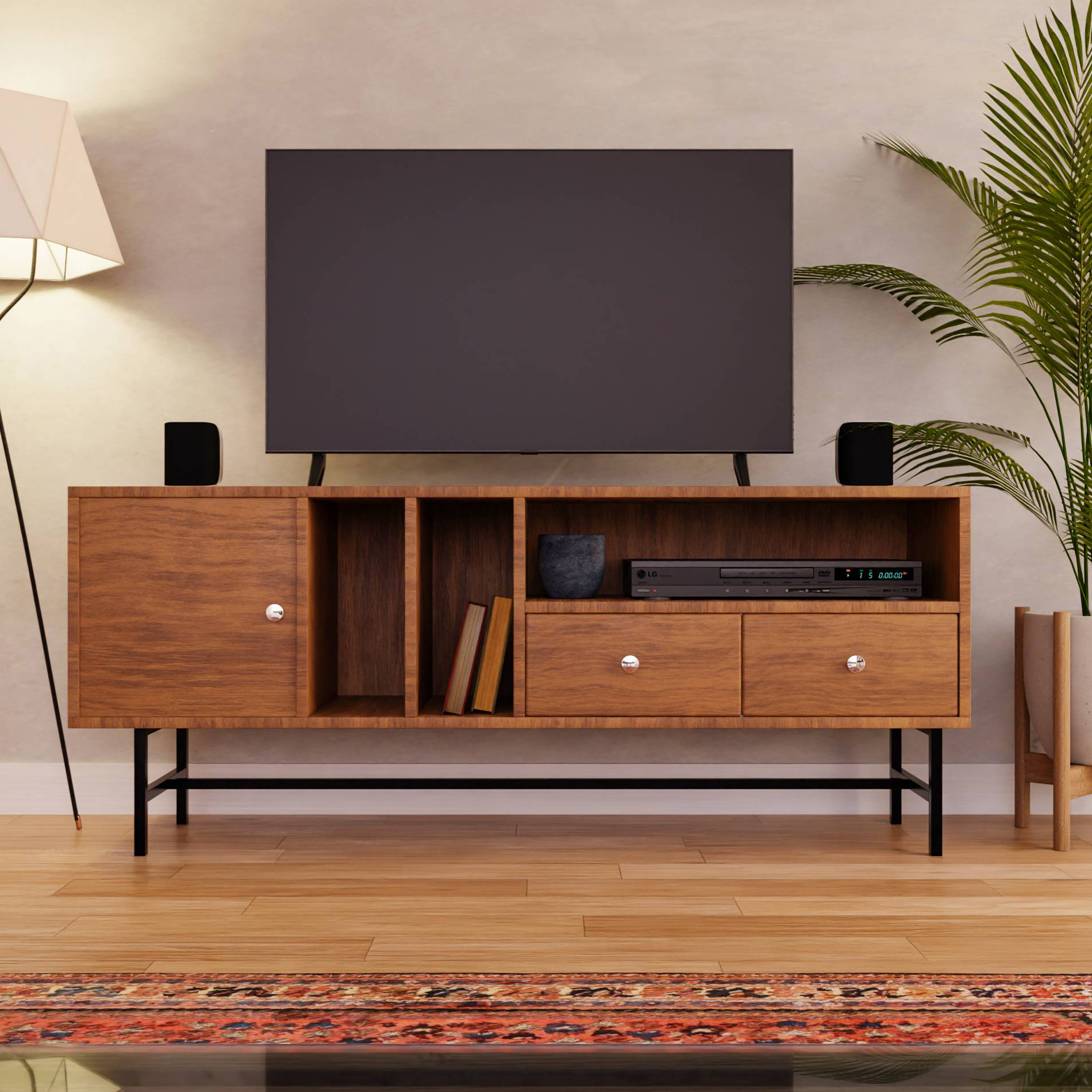 LeisureMod Rochester Modern Rectangular TV Stand with Enclosed Storage - Walnut