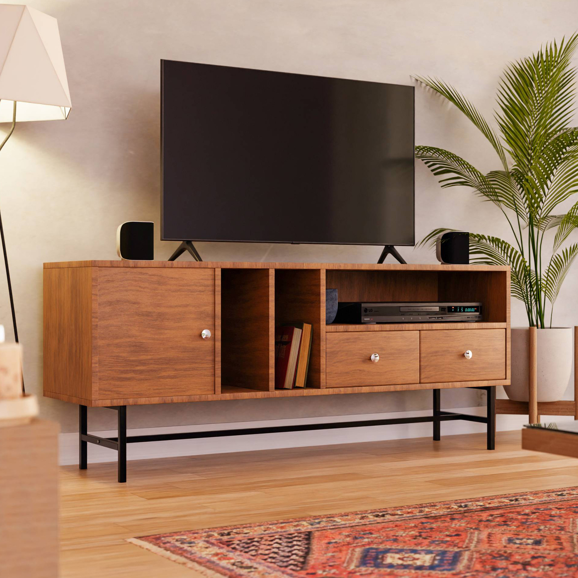 LeisureMod Rochester Modern Rectangular TV Stand with Enclosed Storage - Walnut