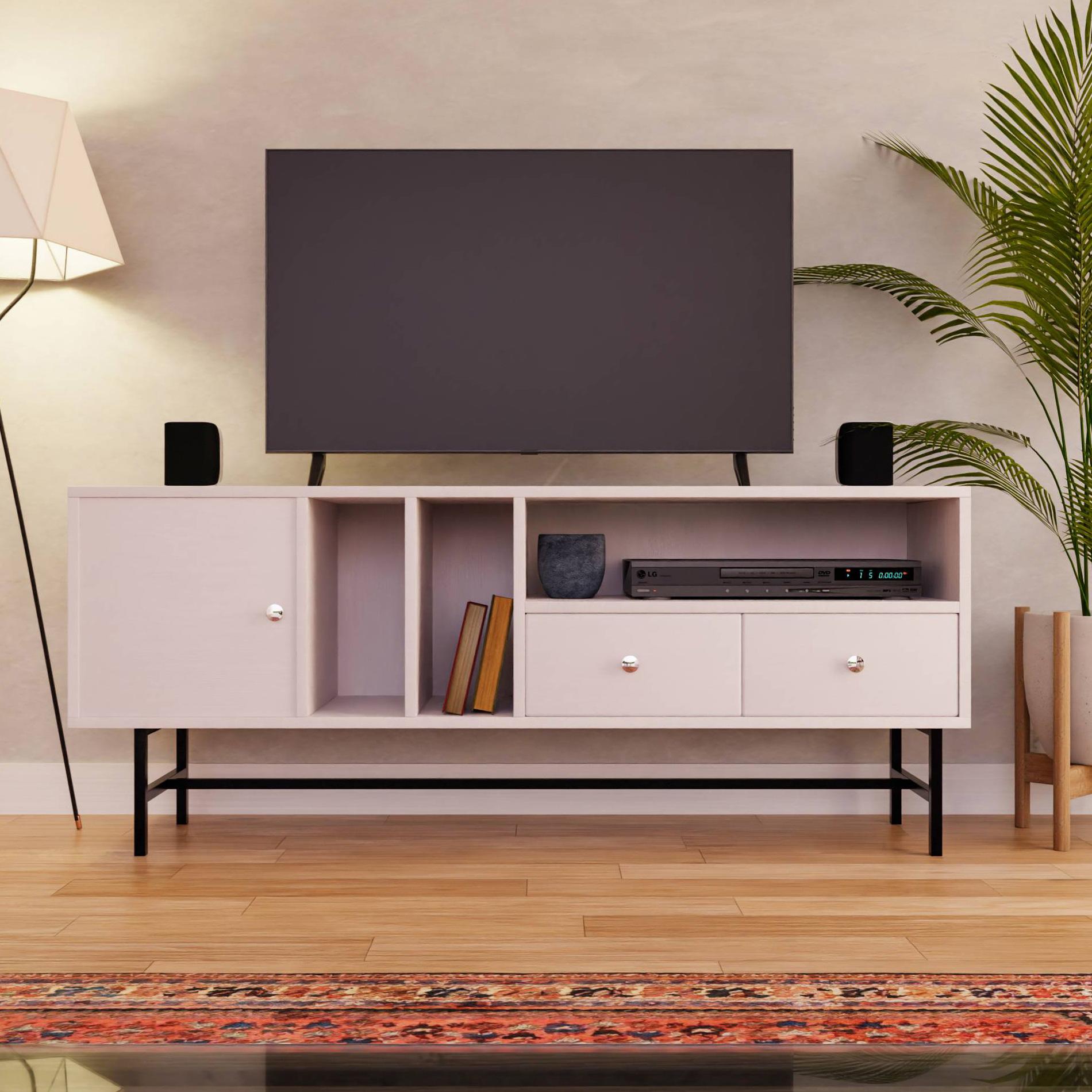 LeisureMod Rochester Modern Rectangular TV Stand with Enclosed Storage - White