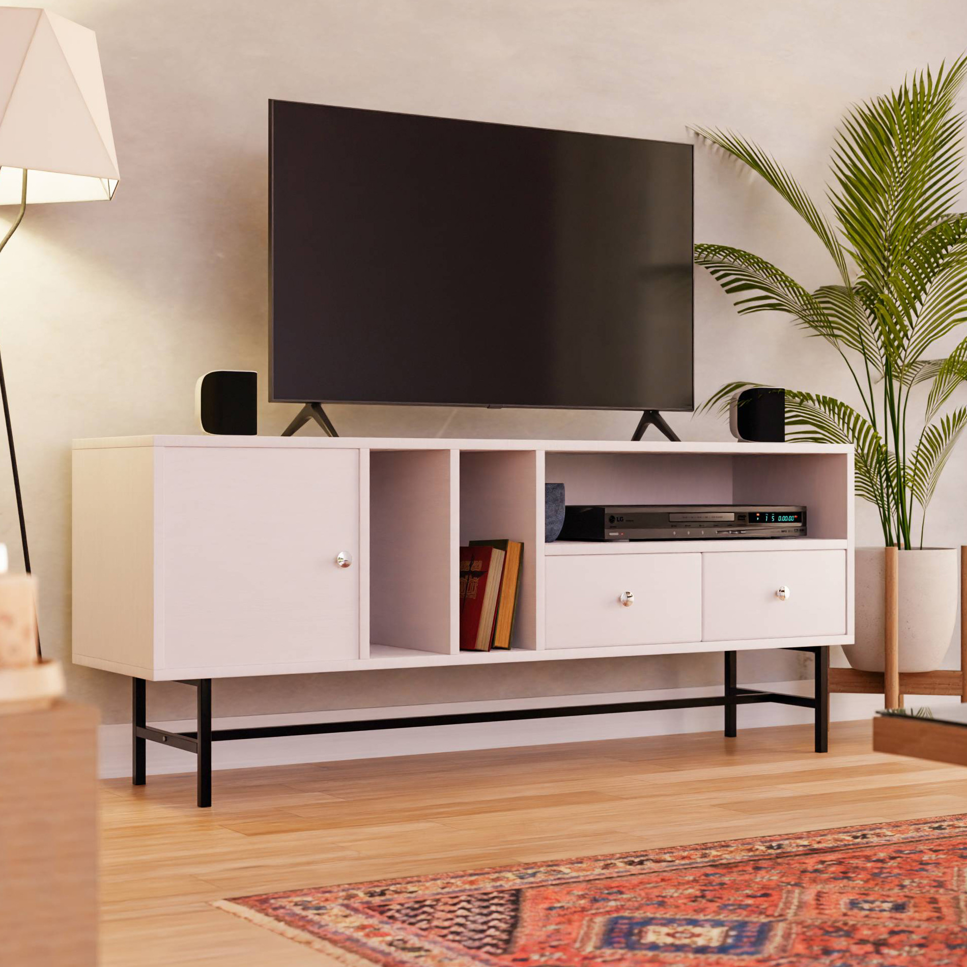 LeisureMod Rochester Modern Rectangular TV Stand with Enclosed Storage - White