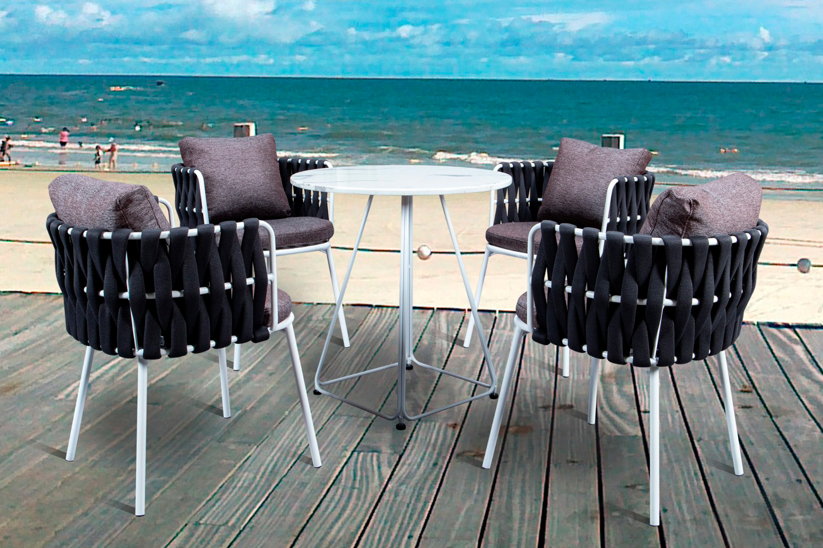 LeisureMod Spencer Modern Rope Outdoor Patio Dining Chair With Cushions - Black