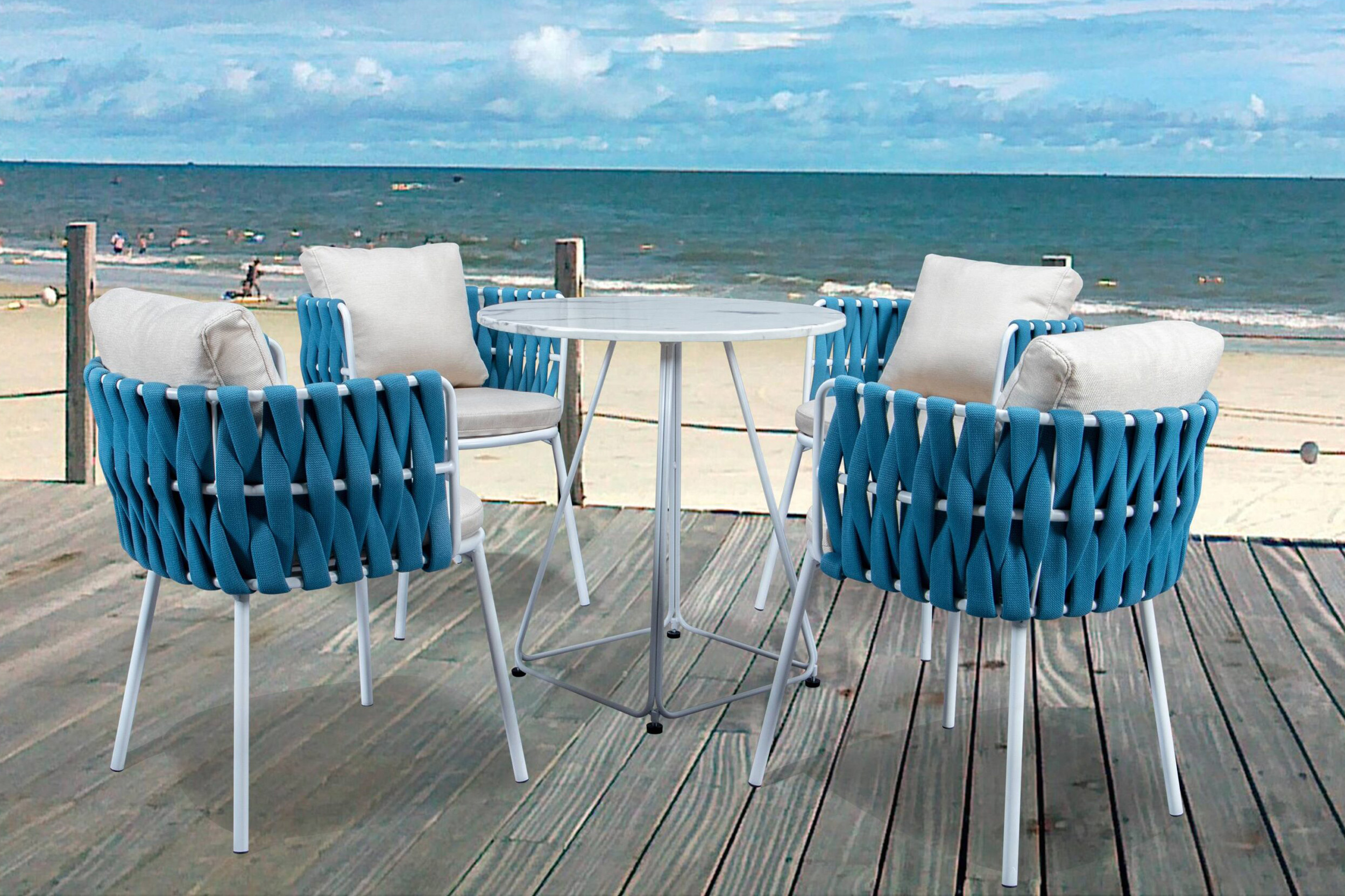 LeisureMod Spencer Modern Rope Outdoor Patio Dining Chair With Cushions - Blue