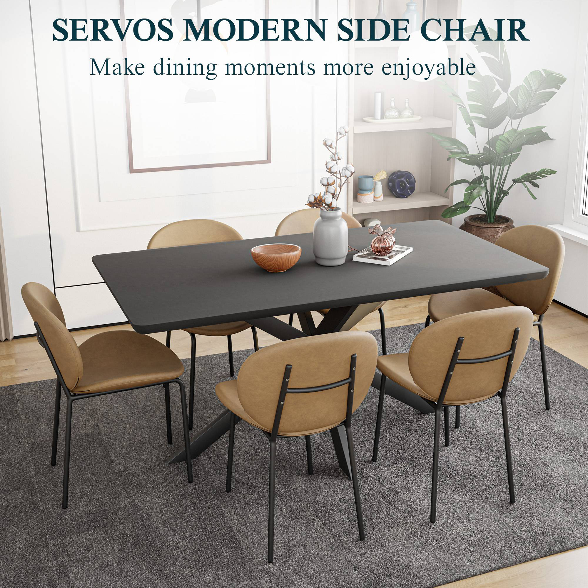 LeisureMod Servos Modern Upholstered Faux Leather Dining Side Chair - Sand Brown