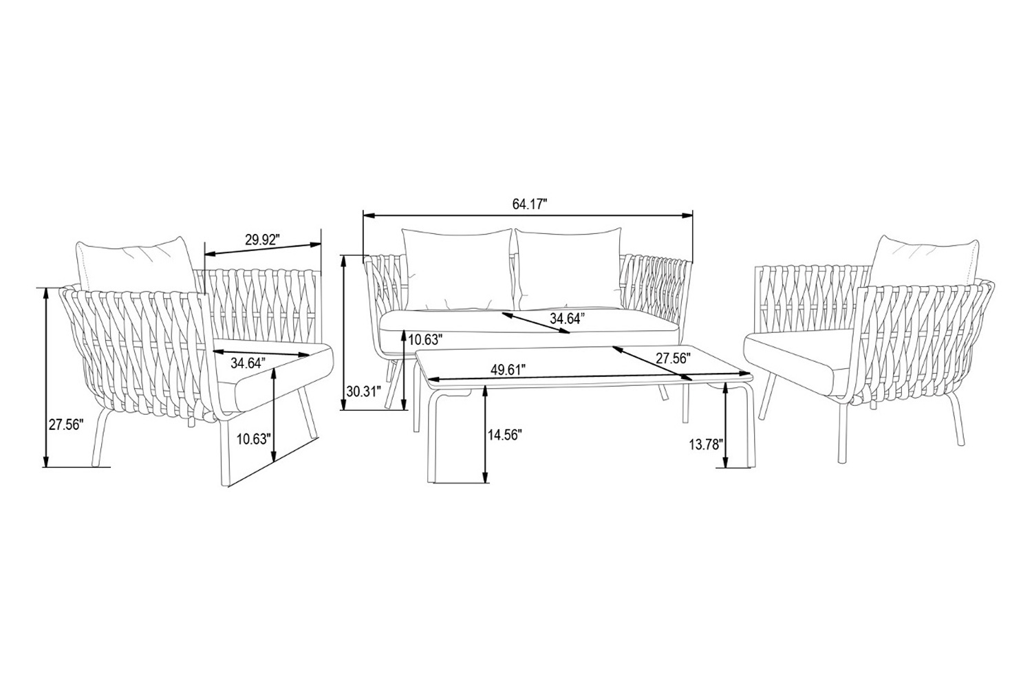 LeisureMod Spencer Modern Outdoor Rope Loveseat with Cushions - Black