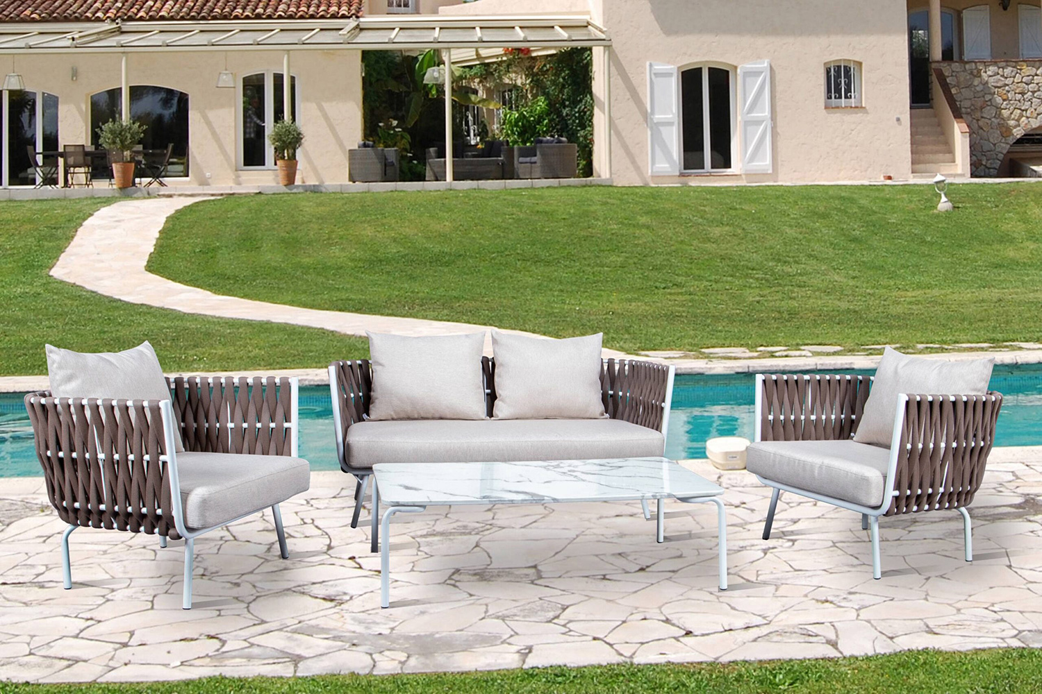 LeisureMod Spencer Modern Outdoor Rope Loveseat with Cushions