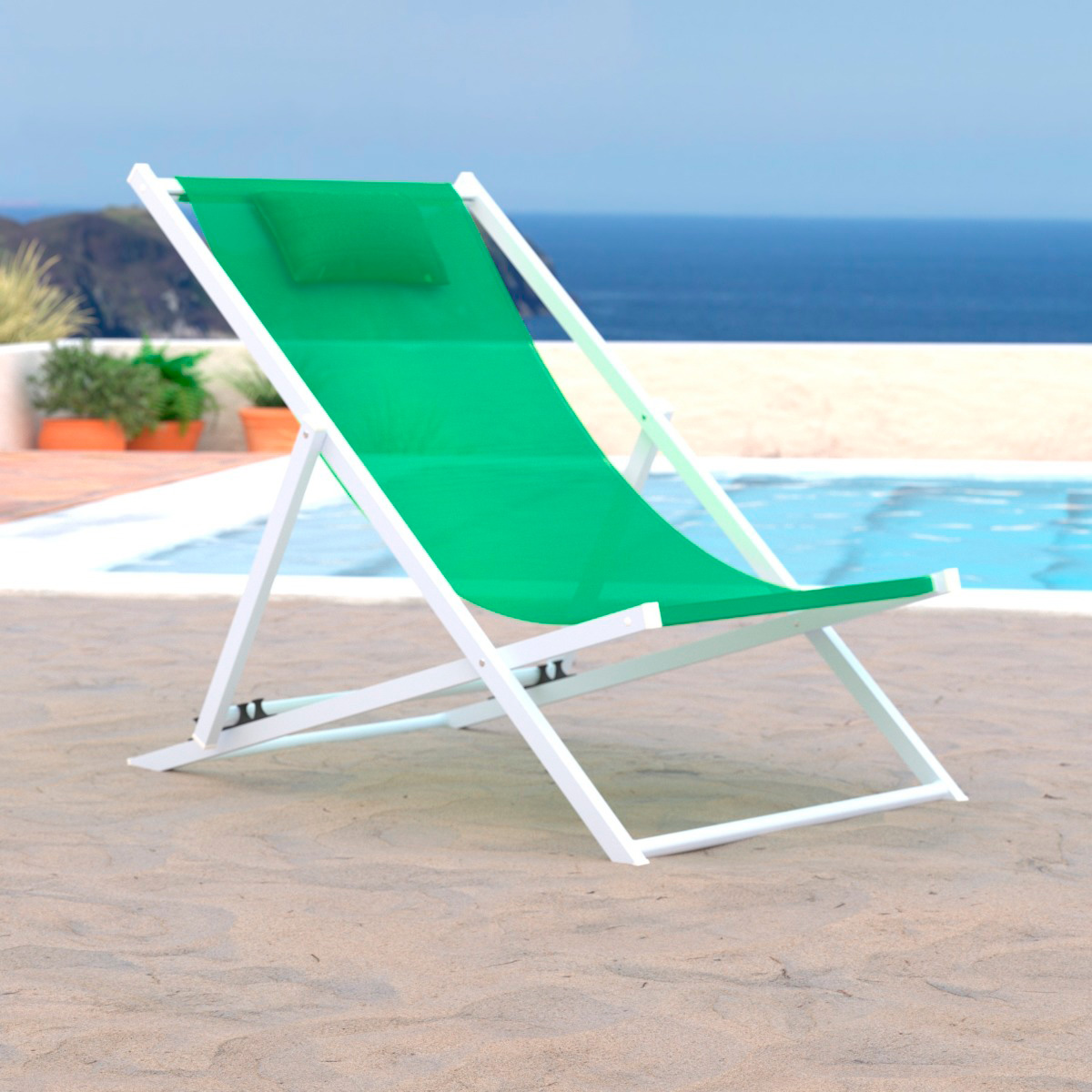 LeisureMod Sunset Outdoor Sling Lounge Chair With Headrest Cushion