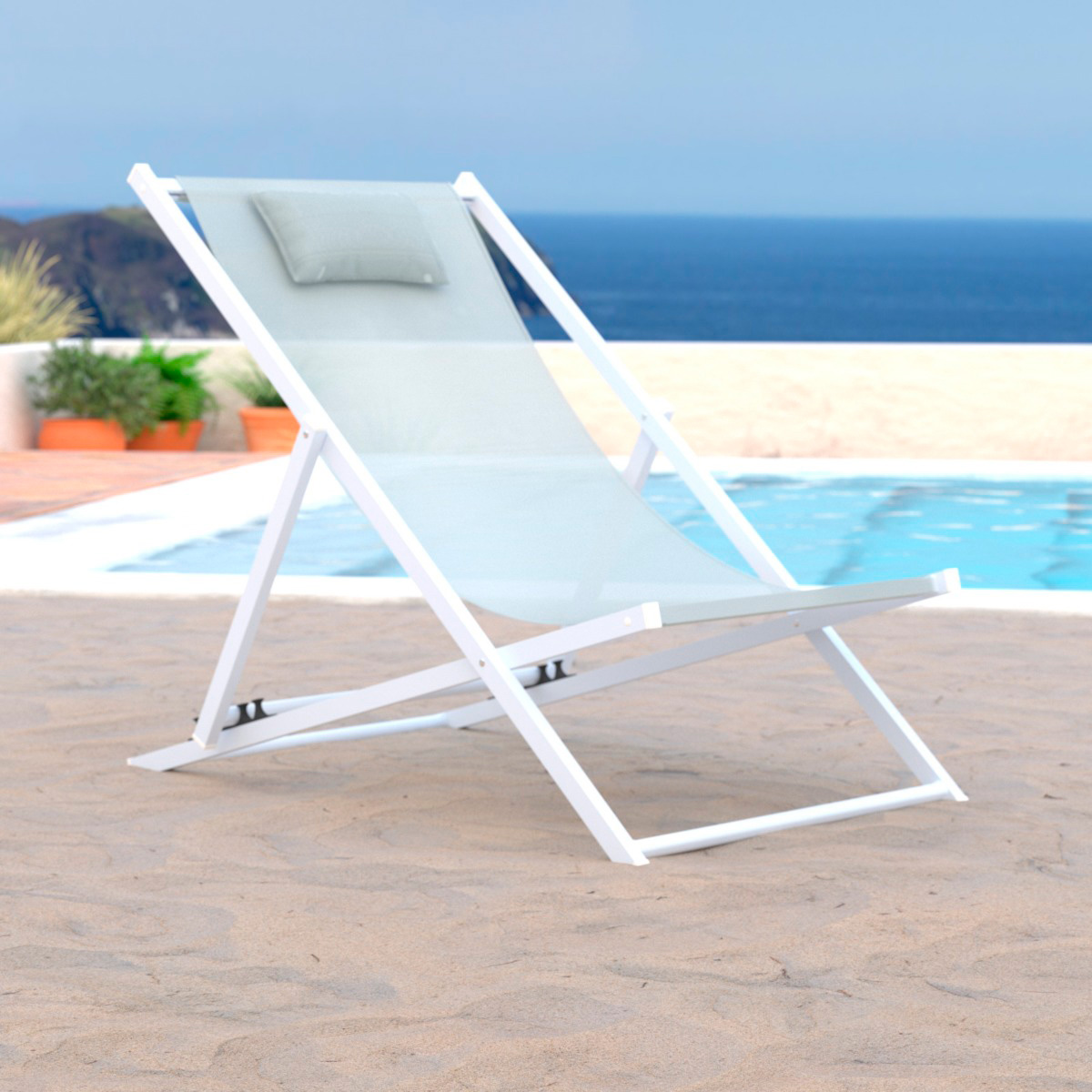 LeisureMod Sunset Outdoor Sling Lounge Chair With Headrest Cushion