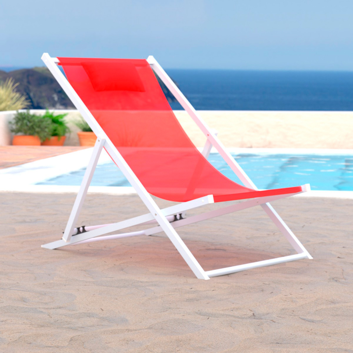 LeisureMod Sunset Outdoor Sling Lounge Chair With Headrest Cushion