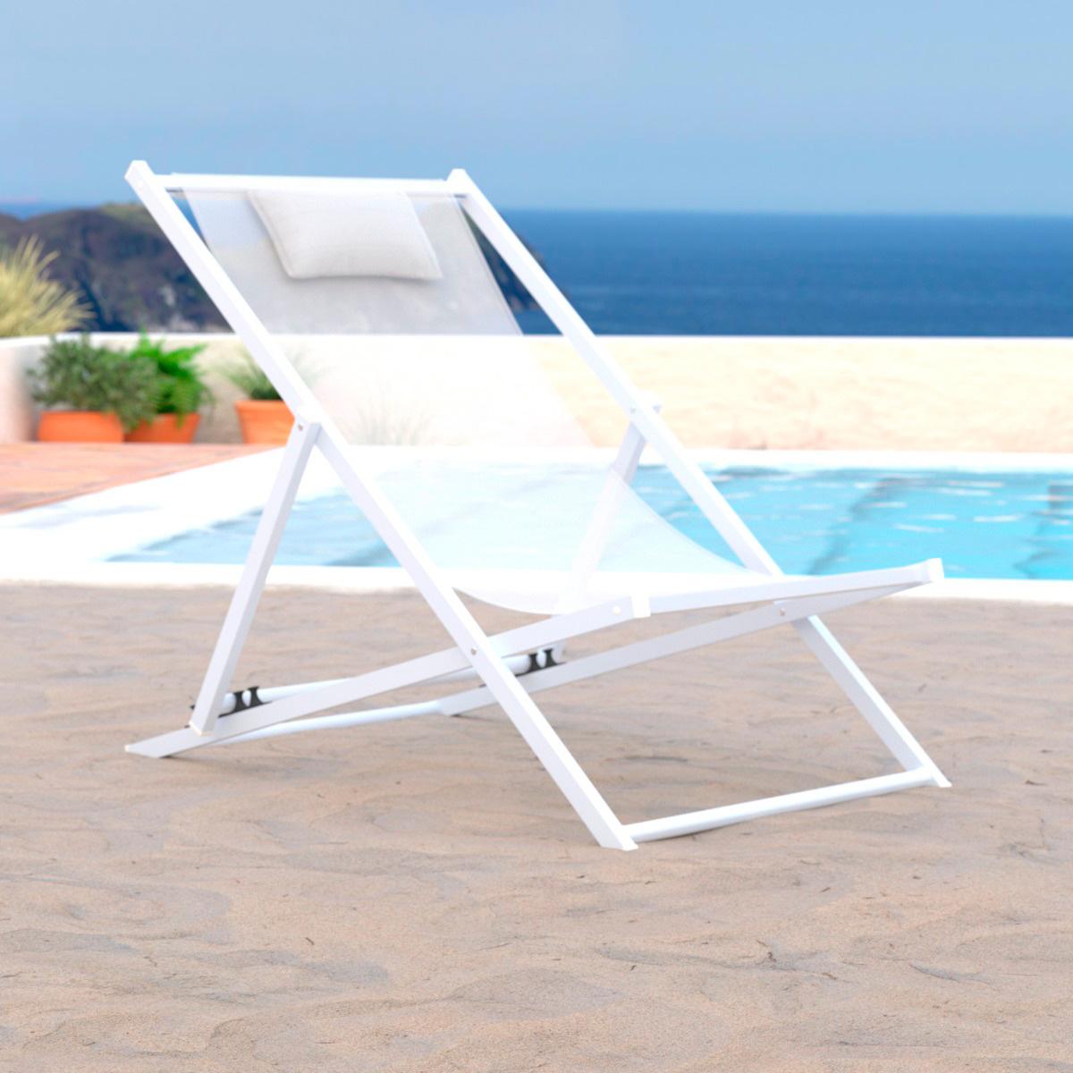 LeisureMod Sunset Outdoor Sling Lounge Chair With Headrest Cushion