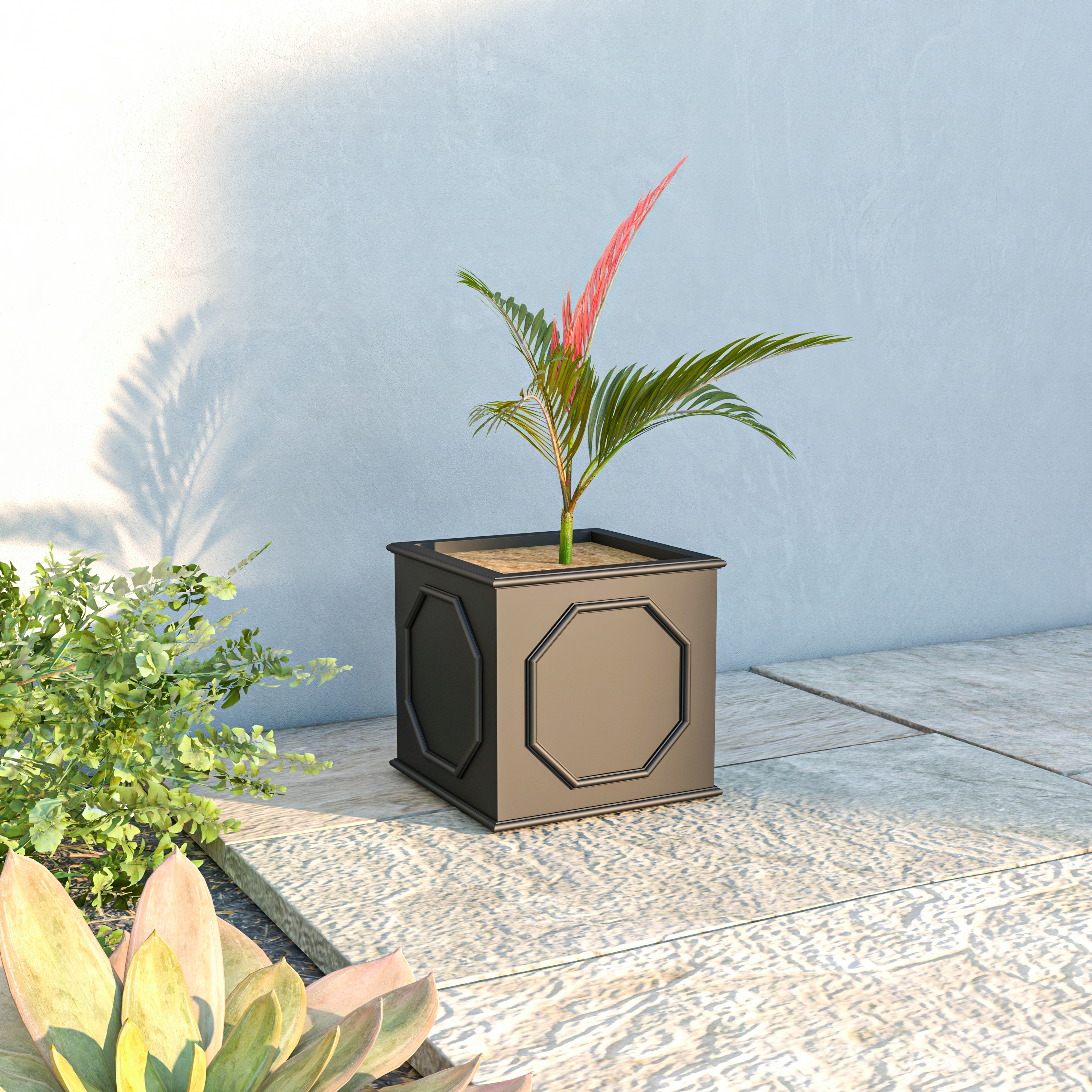 LeisureMod Sprout Modern 13" Cube Planter in Fiberstone and Clay - Black