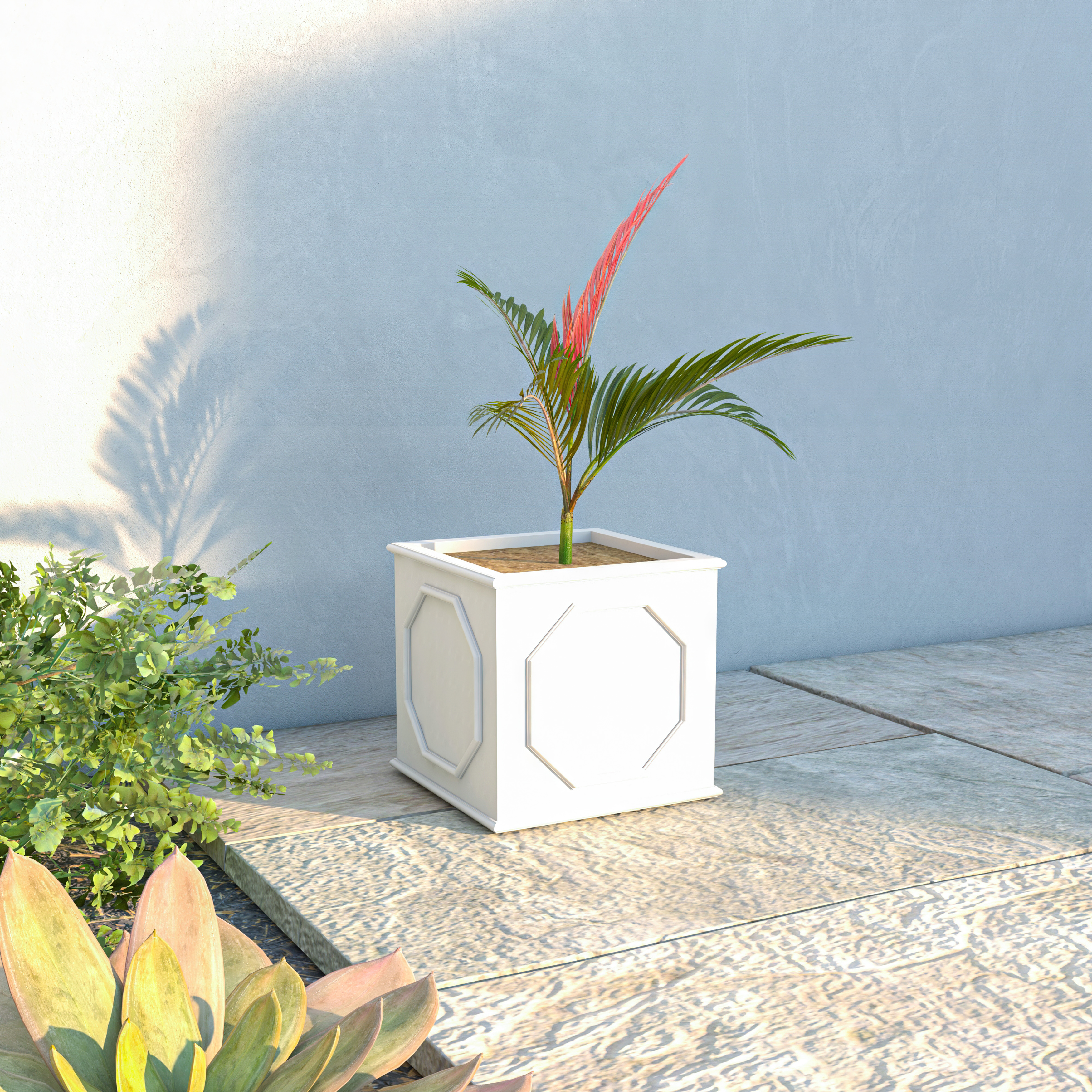 LeisureMod Sprout Modern 13" Cube Planter in Fiberstone and Clay - White