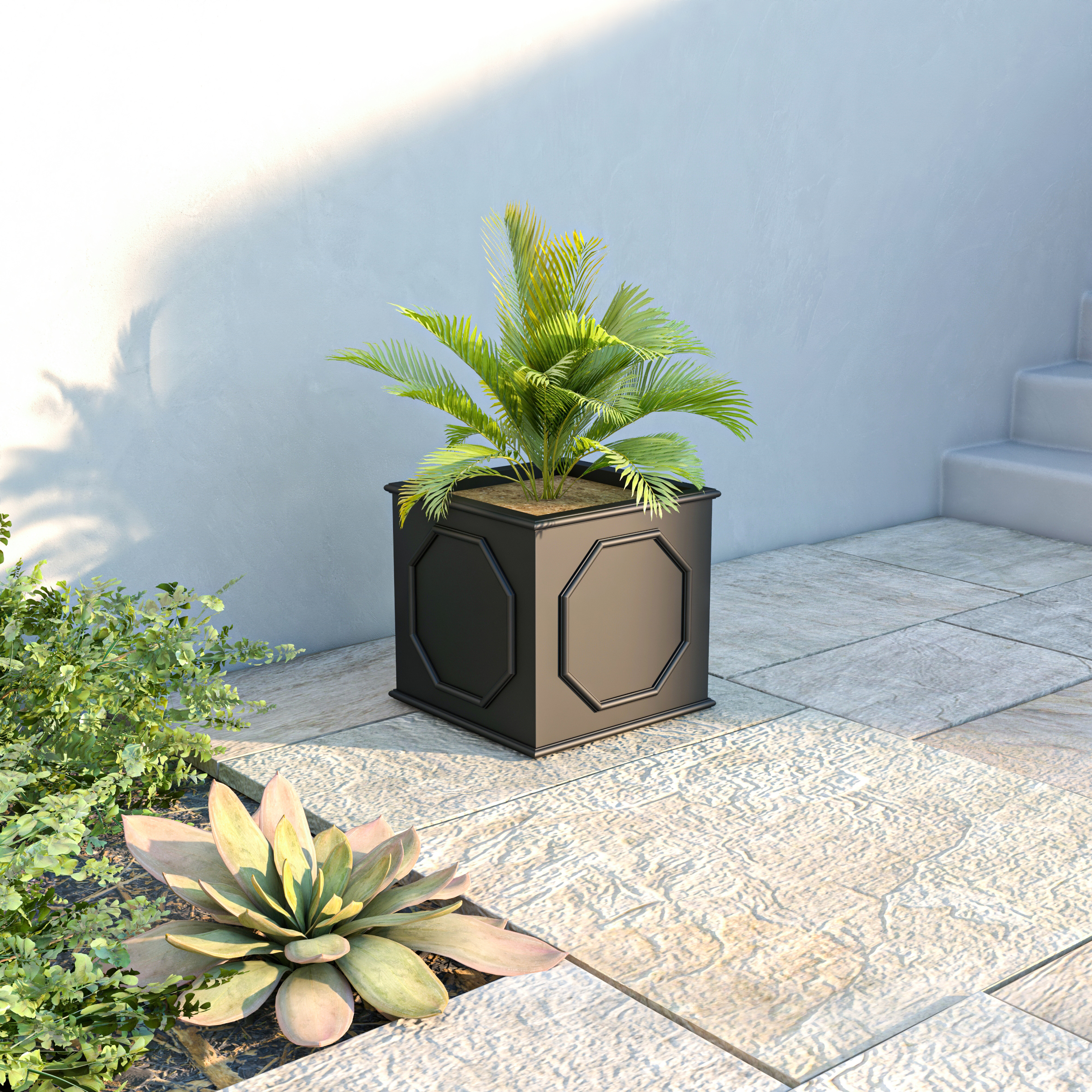 LeisureMod Sprout Modern 15" Cube Planter in Fiberstone and Clay - Black