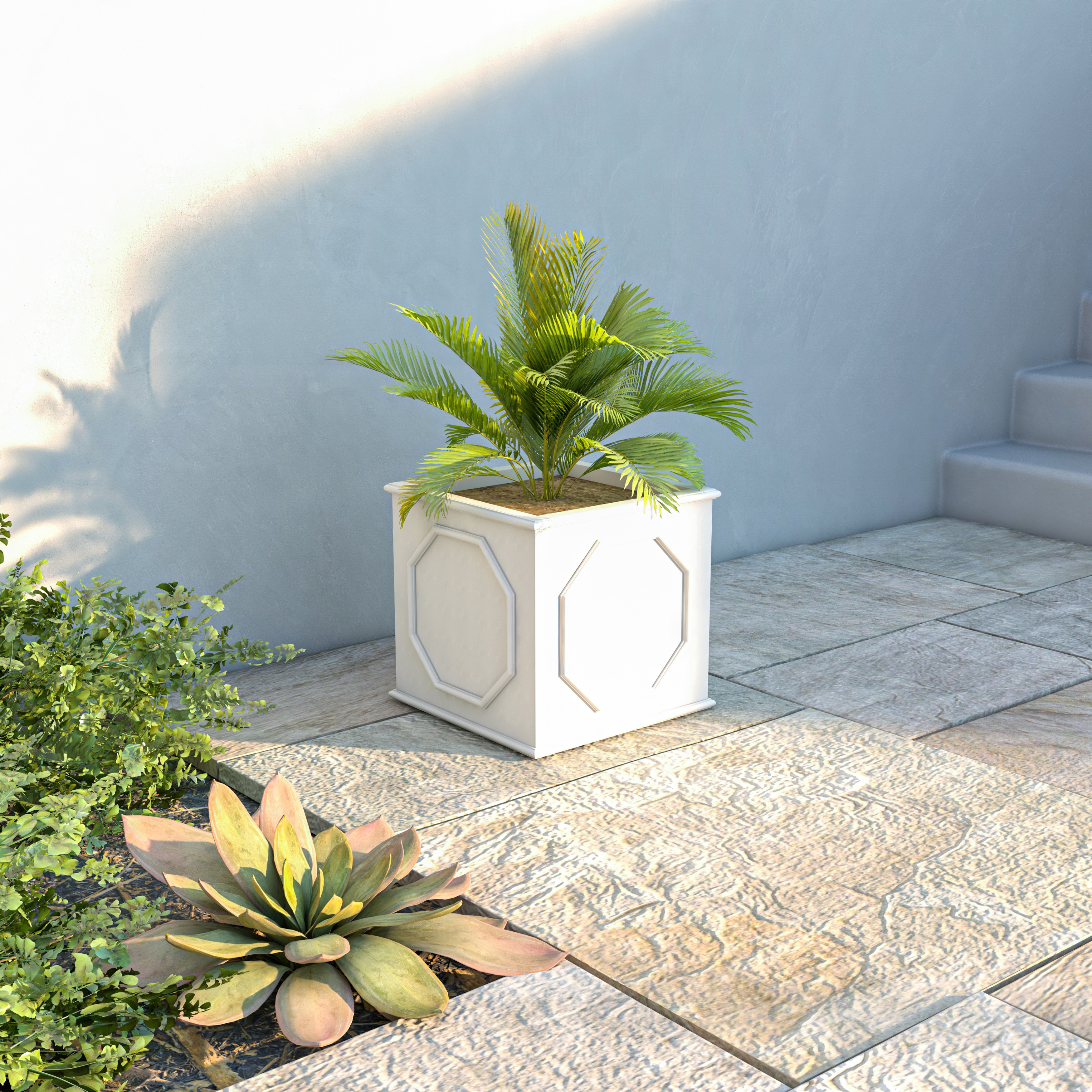 LeisureMod Sprout Modern 15" Cube Planter in Fiberstone and Clay - White