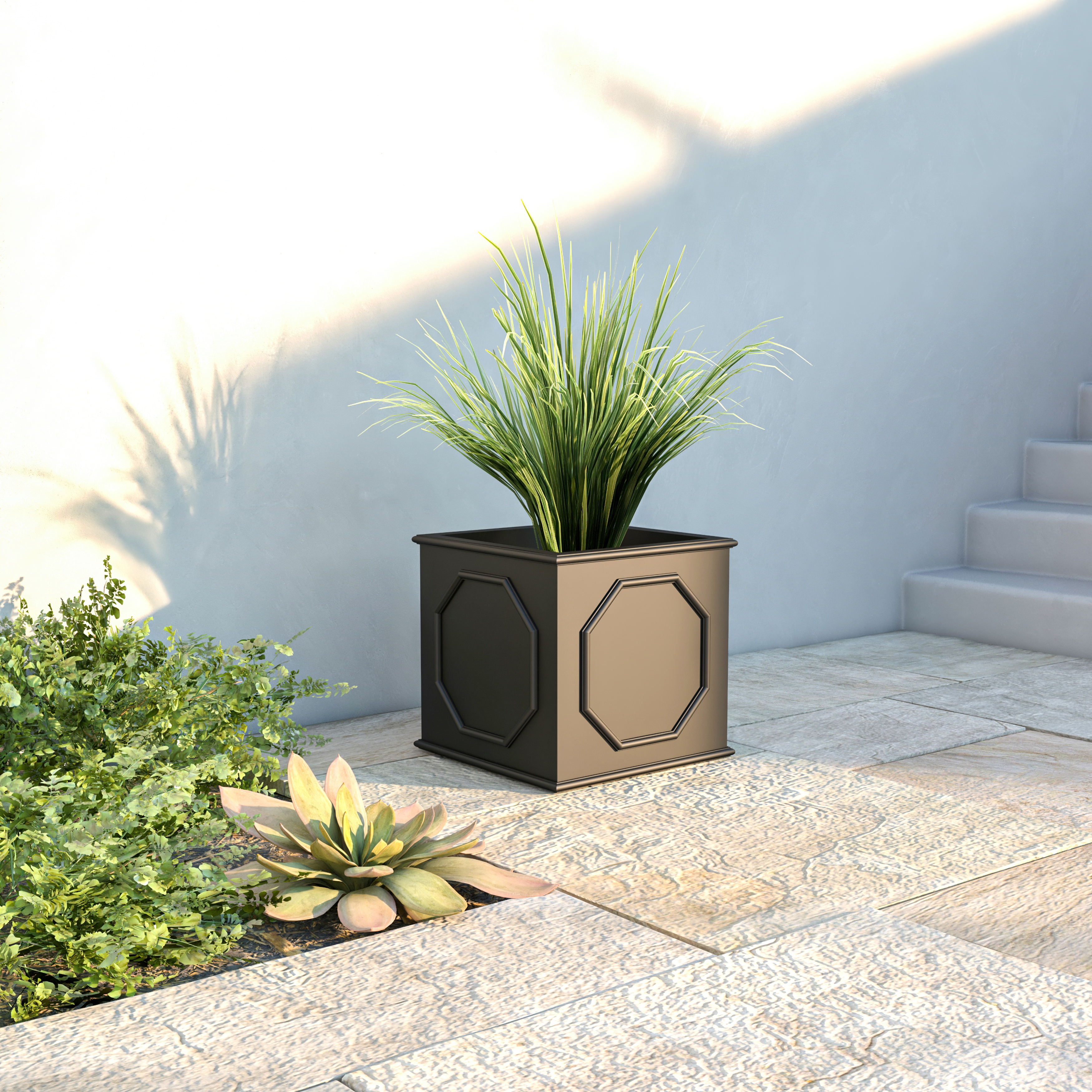 LeisureMod Sprout Modern 18" Cube Planter in Fiberstone and Clay - Black