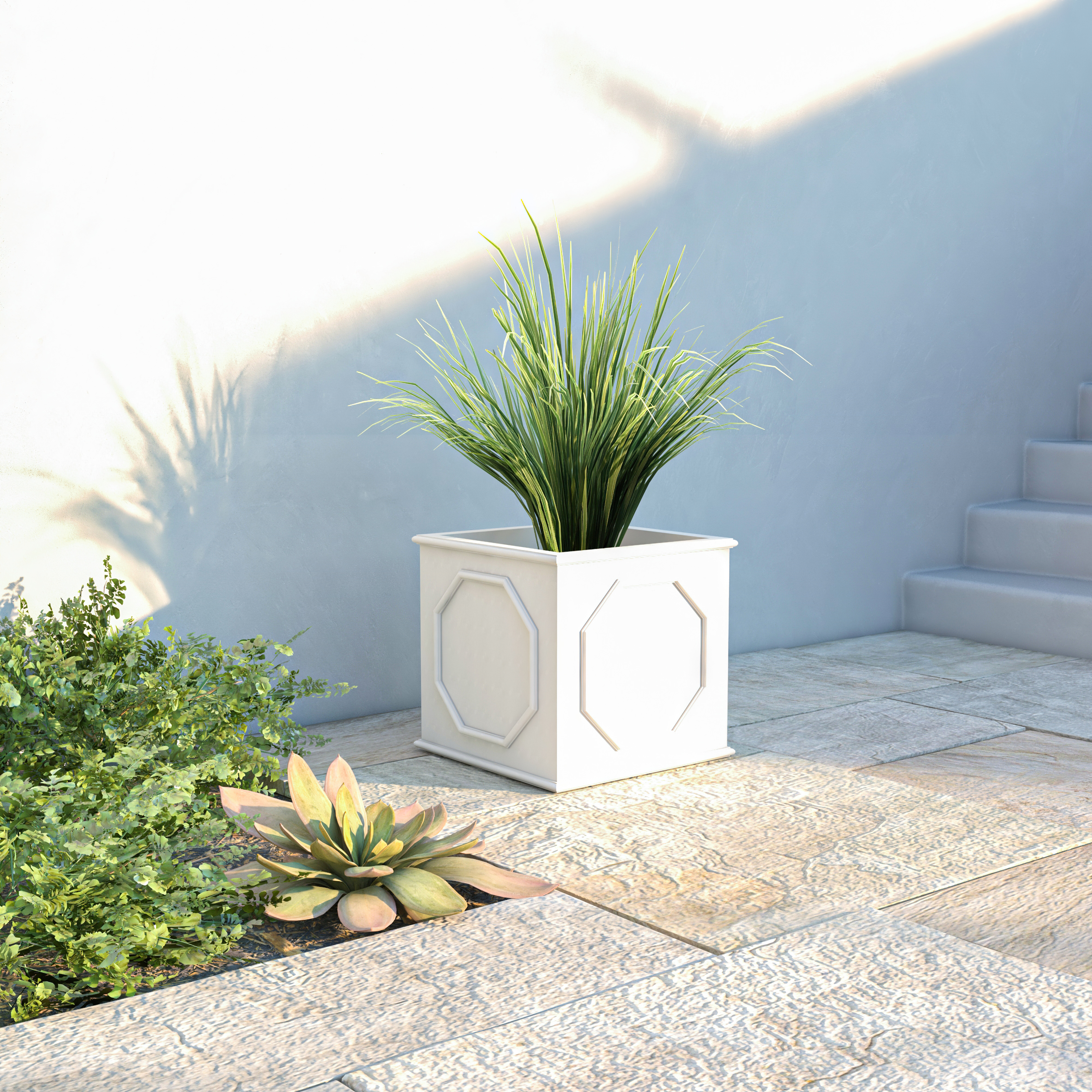 LeisureMod Sprout Modern 18" Cube Planter in Fiberstone and Clay - White