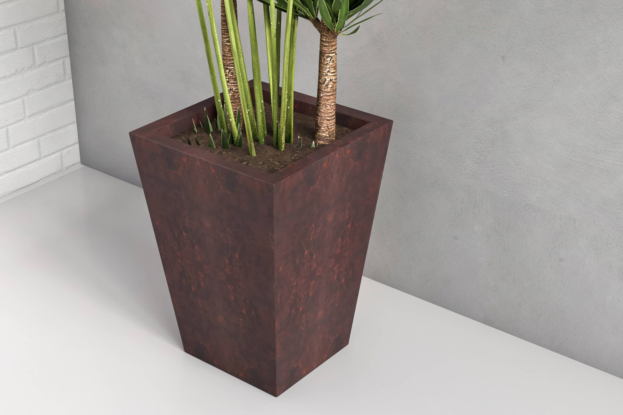 LeisureMod Serene Modern Fiberstone and Clay Planter - Tapered Square Plant Pot with Drainage Holes - Brown