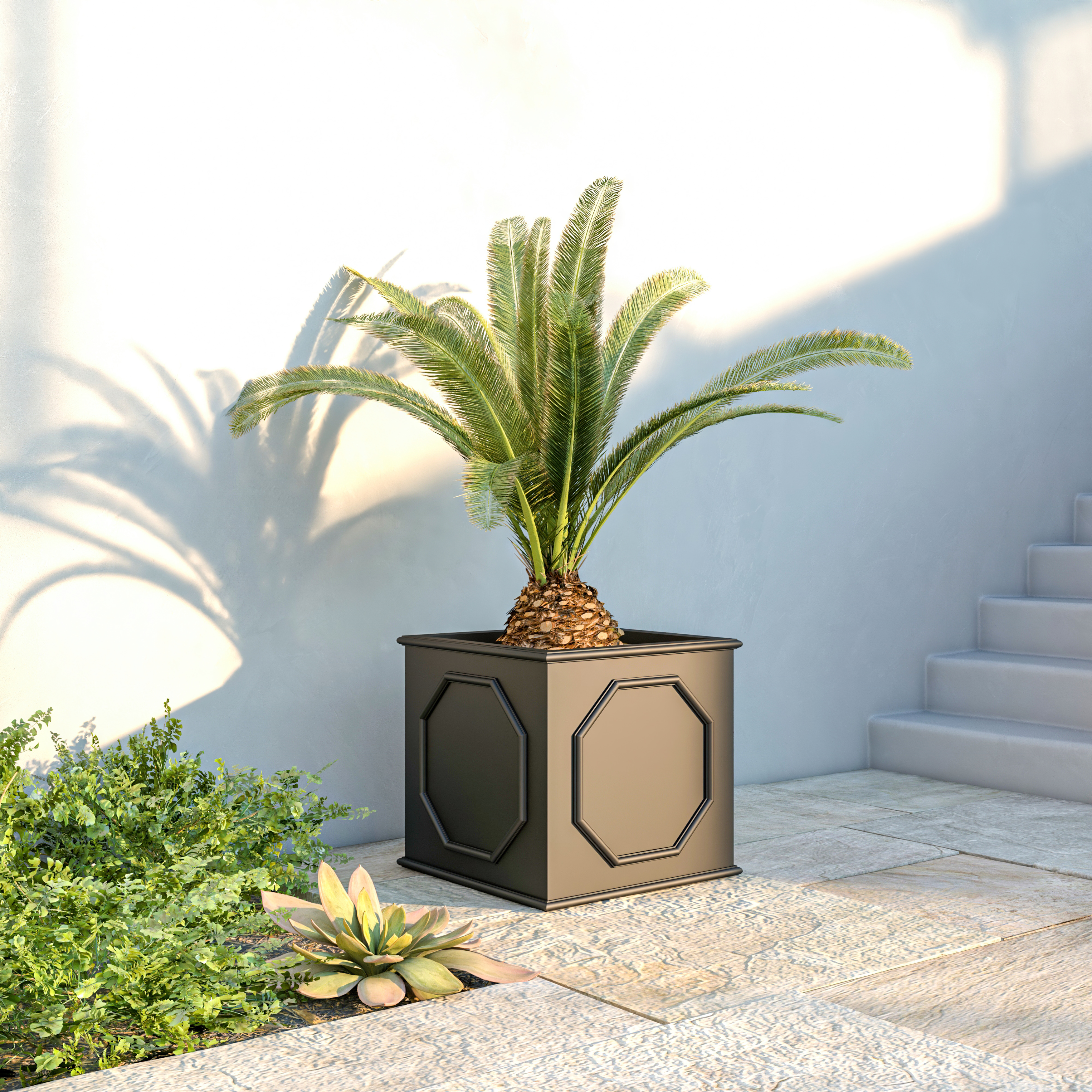 LeisureMod Sprout Modern 26" Cube Planter in Fiberstone and Clay - Black