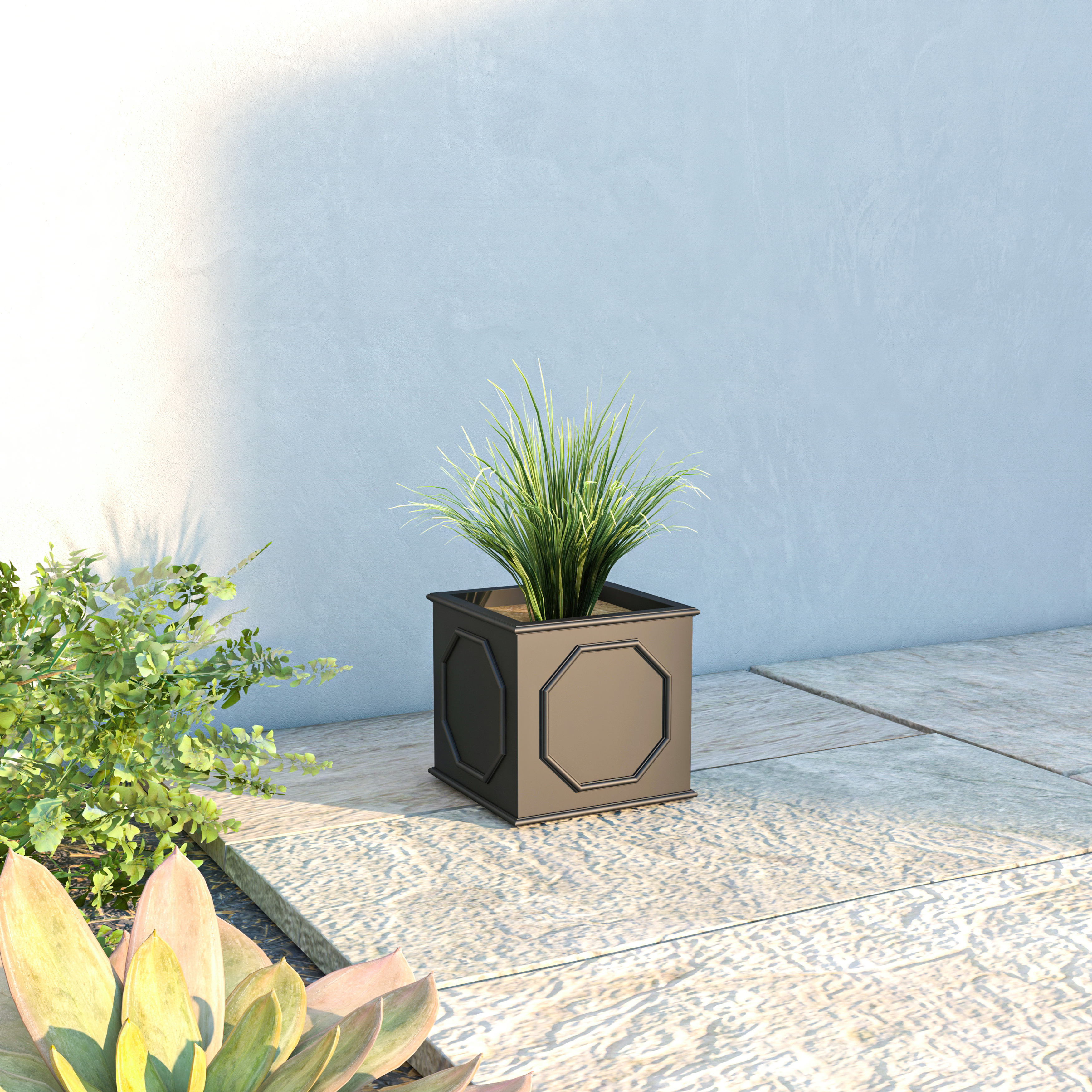 LeisureMod Sprout Modern 8" Cube Planter in Fiberstone and Clay - Black