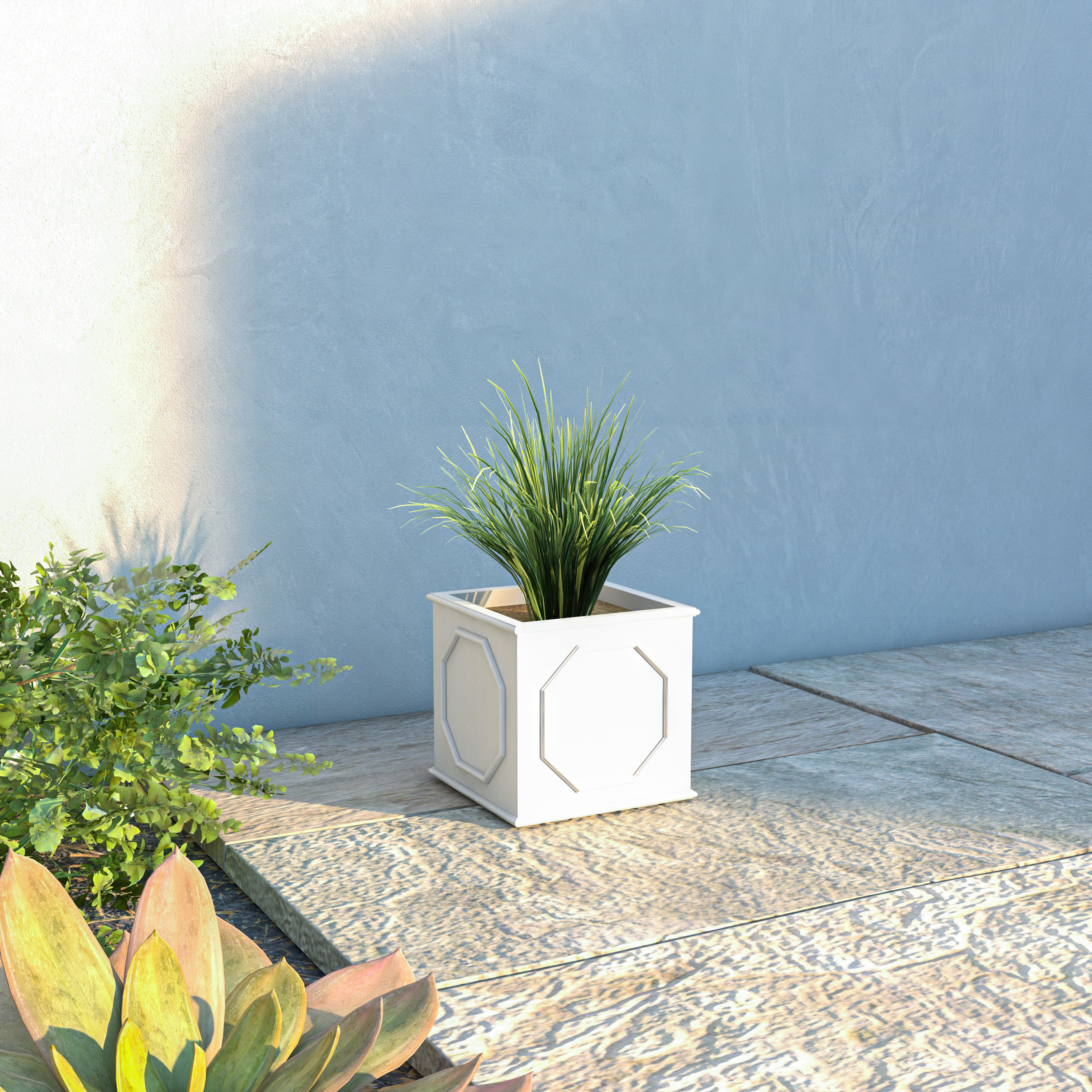 LeisureMod Sprout Modern 8" Cube Planter in Fiberstone and Clay - White