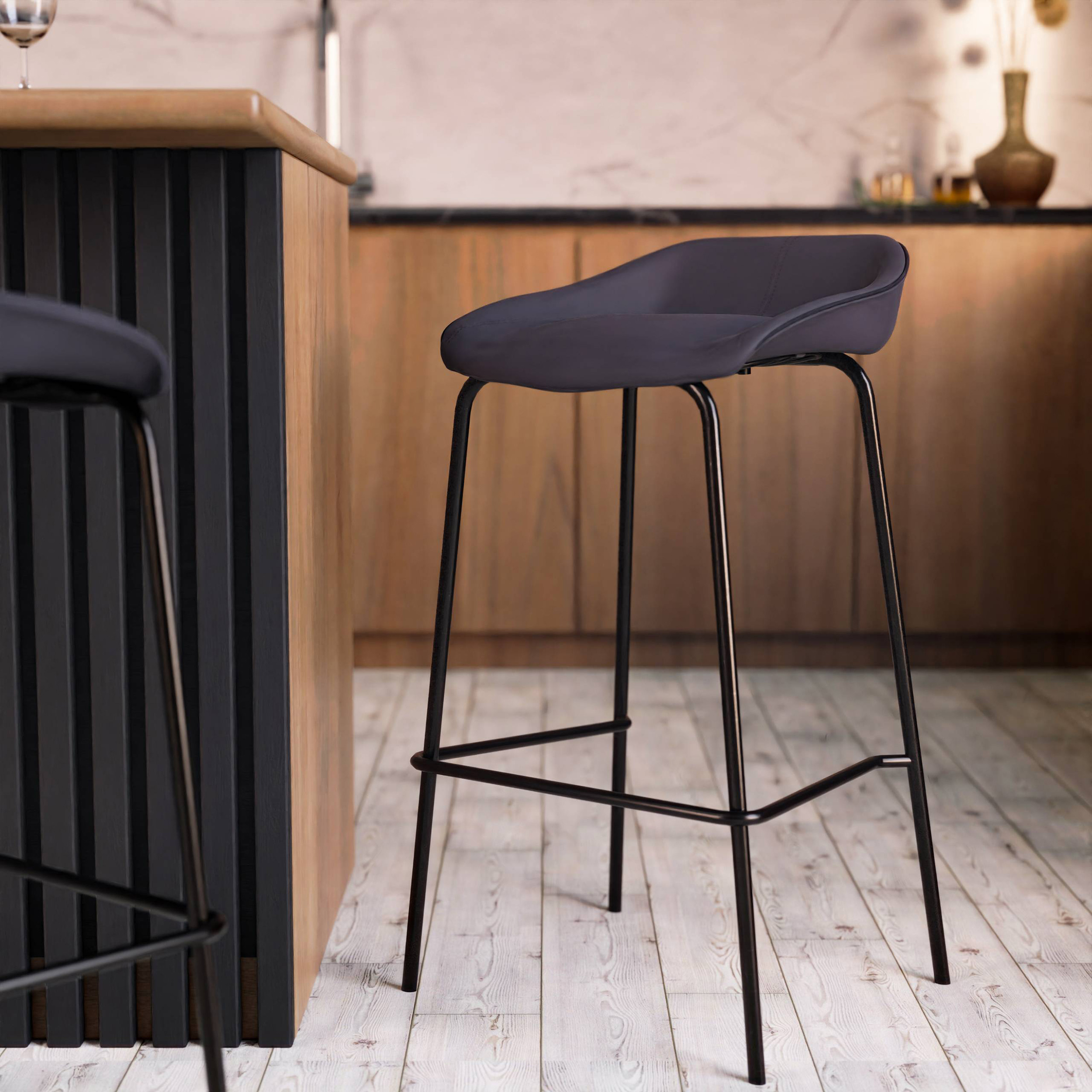 LeisureMod Servos Modern Barstool with Upholstered Faux Leather Seat - Black