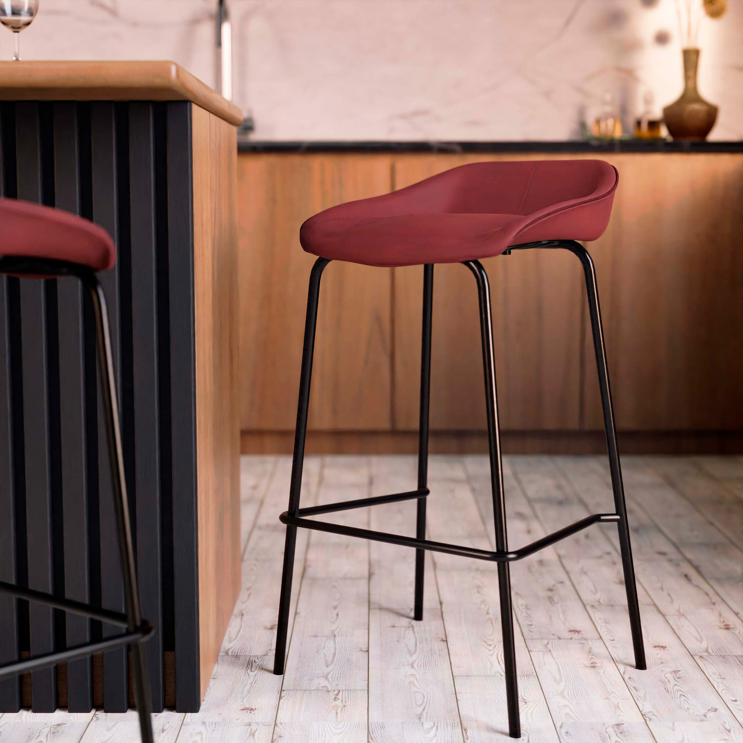 LeisureMod Servos Modern Barstool with Upholstered Faux Leather Seat - Bordeaux